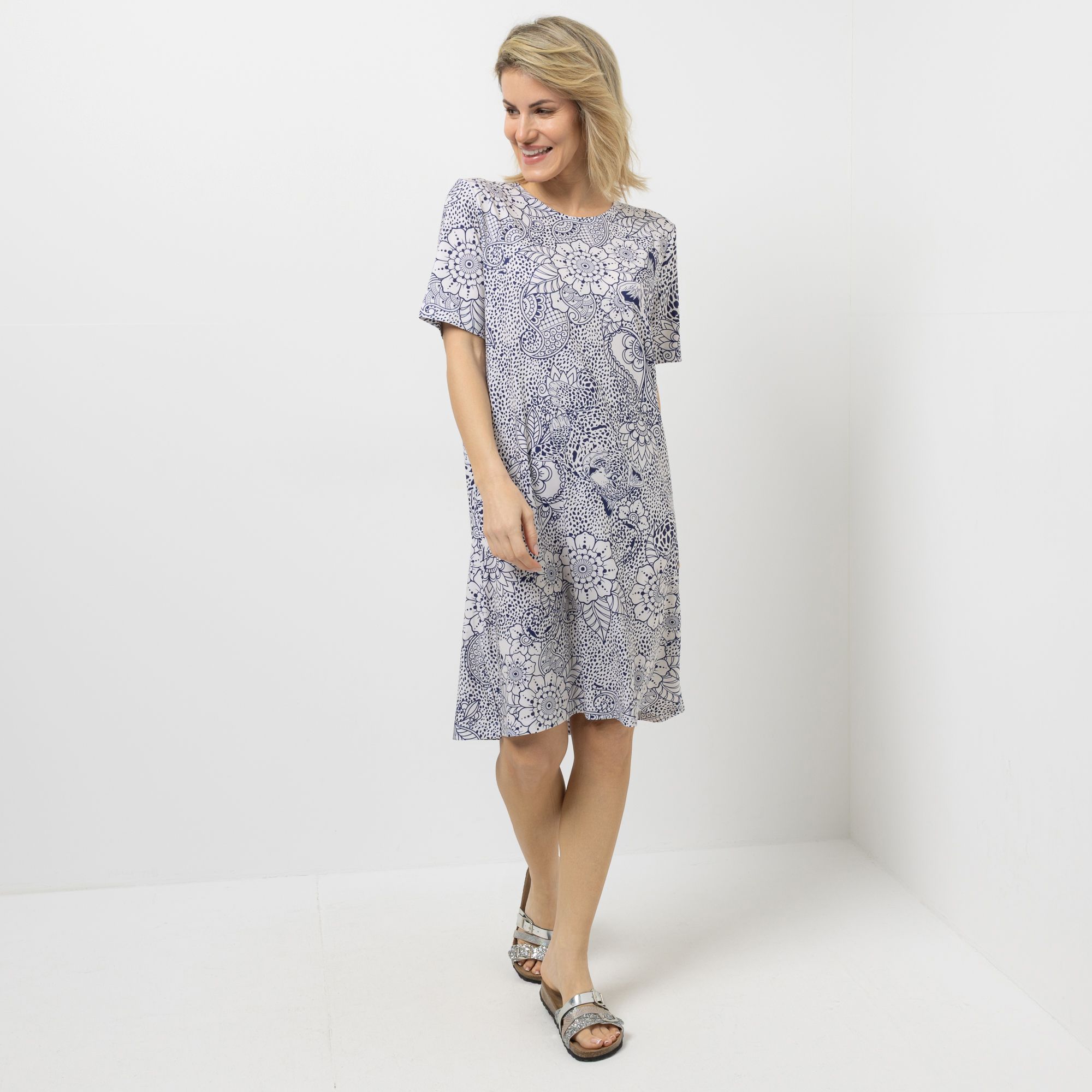 IN-PRINT Kleid, 1/2-Arm Rundhalsausschnitt Seitenschlitze