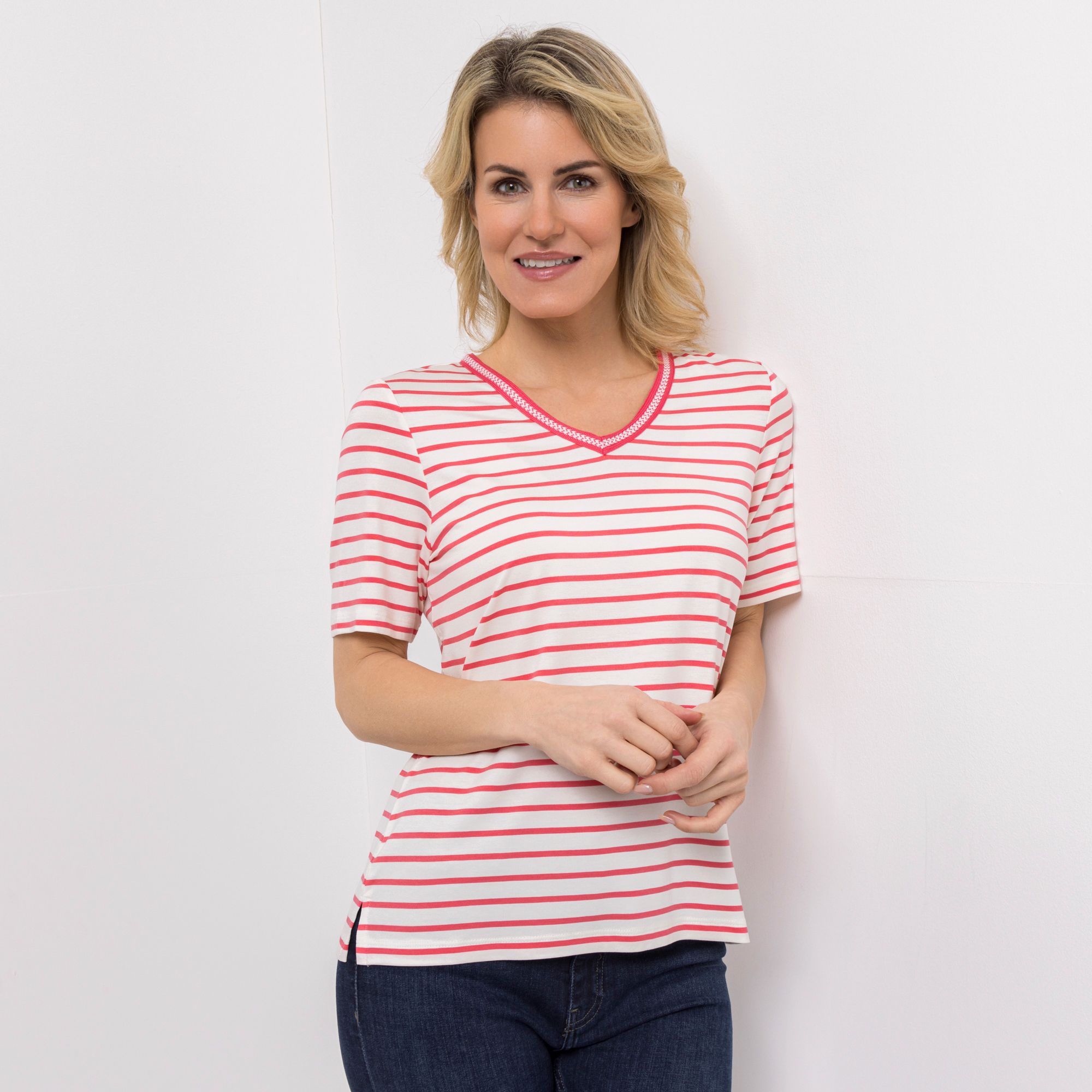 DENIM & CO. Shirt, 1/2-Arm V-Ausschnitt Zierband Seitenschlitze