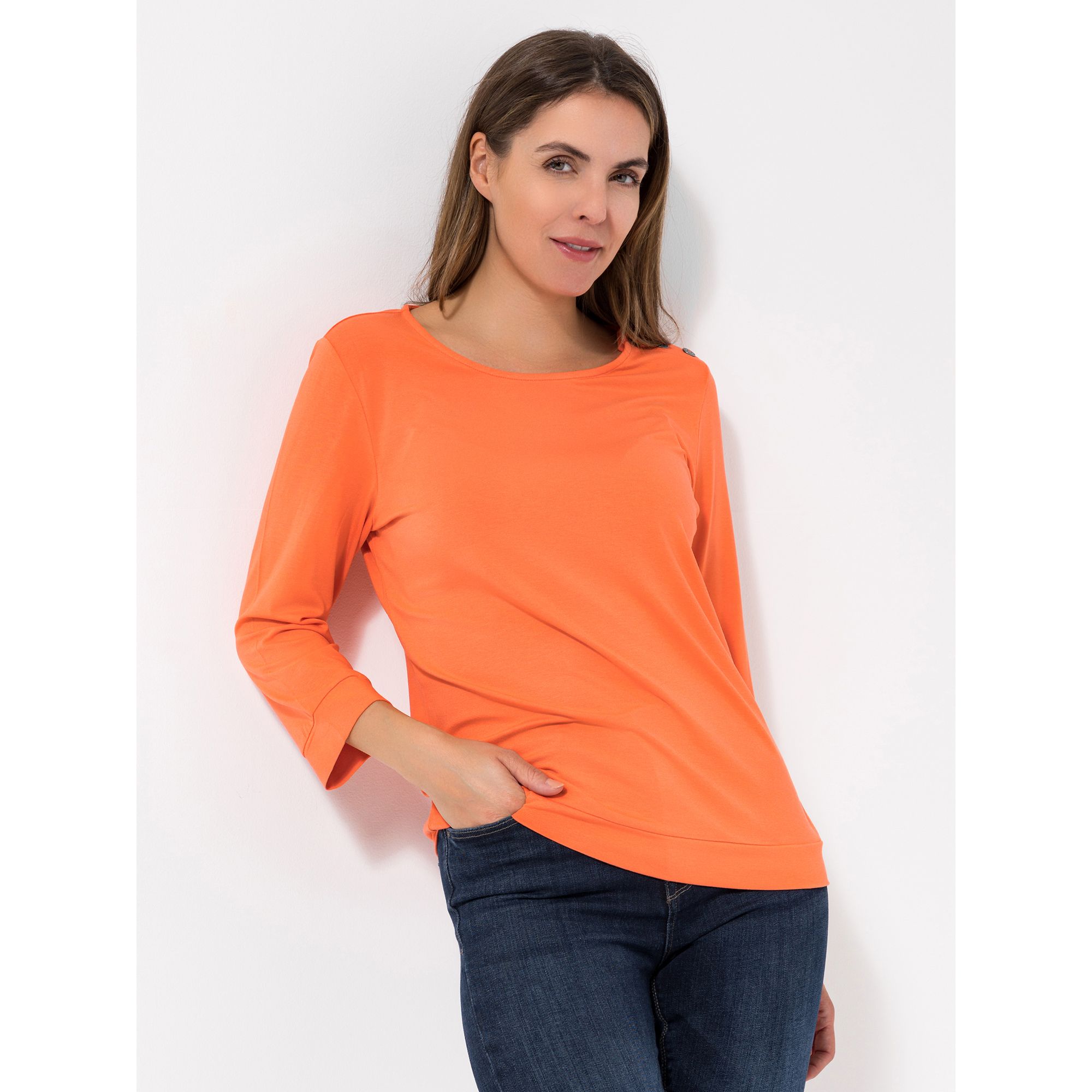 DENIM & CO. Shirt, 3/4-Arm Rundhalsausschnitt Knopfdetail auf der Schulter