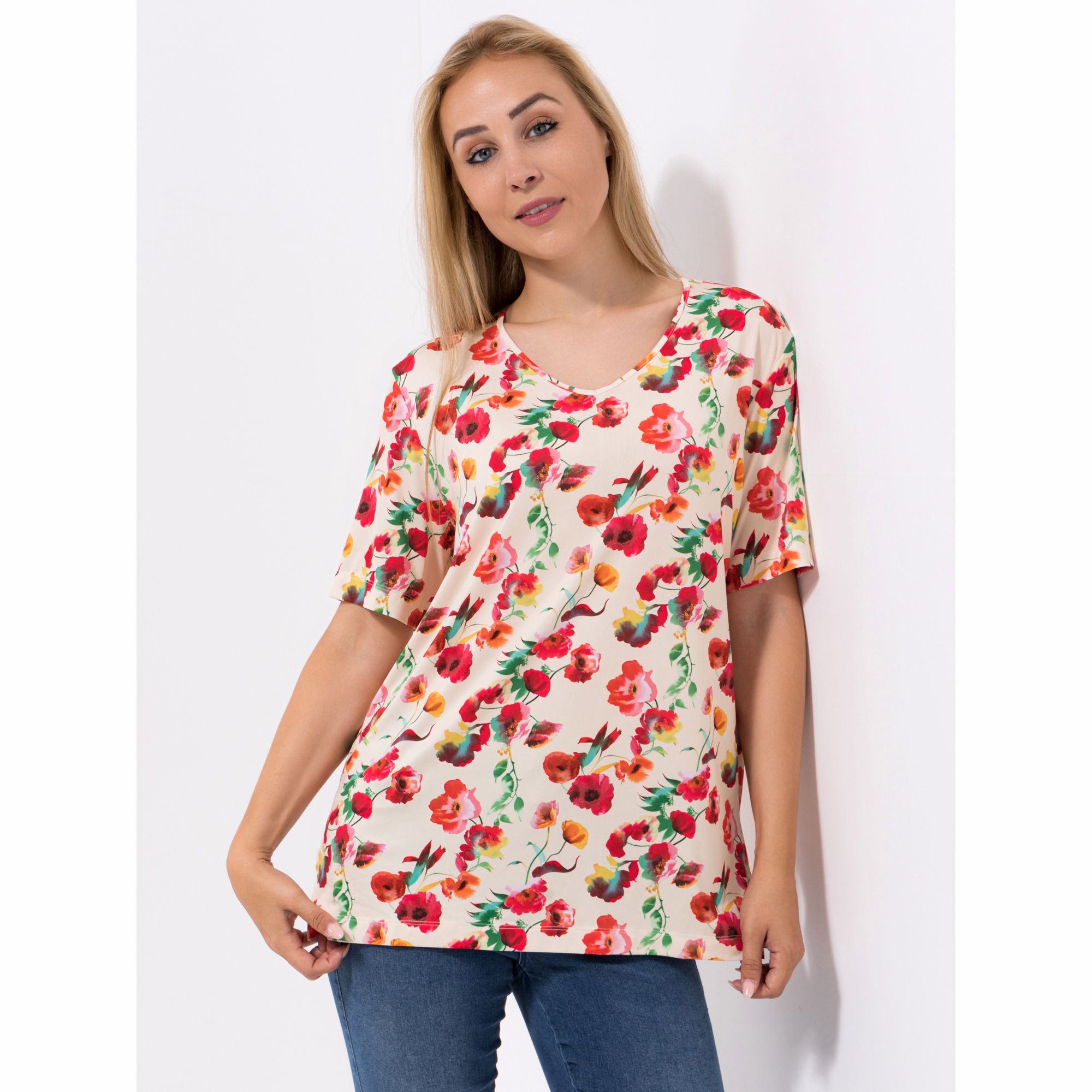 IN-PRINT Shirt, 1/2-Arm V-Ausschnitt Seitenschlitz Blumendruck