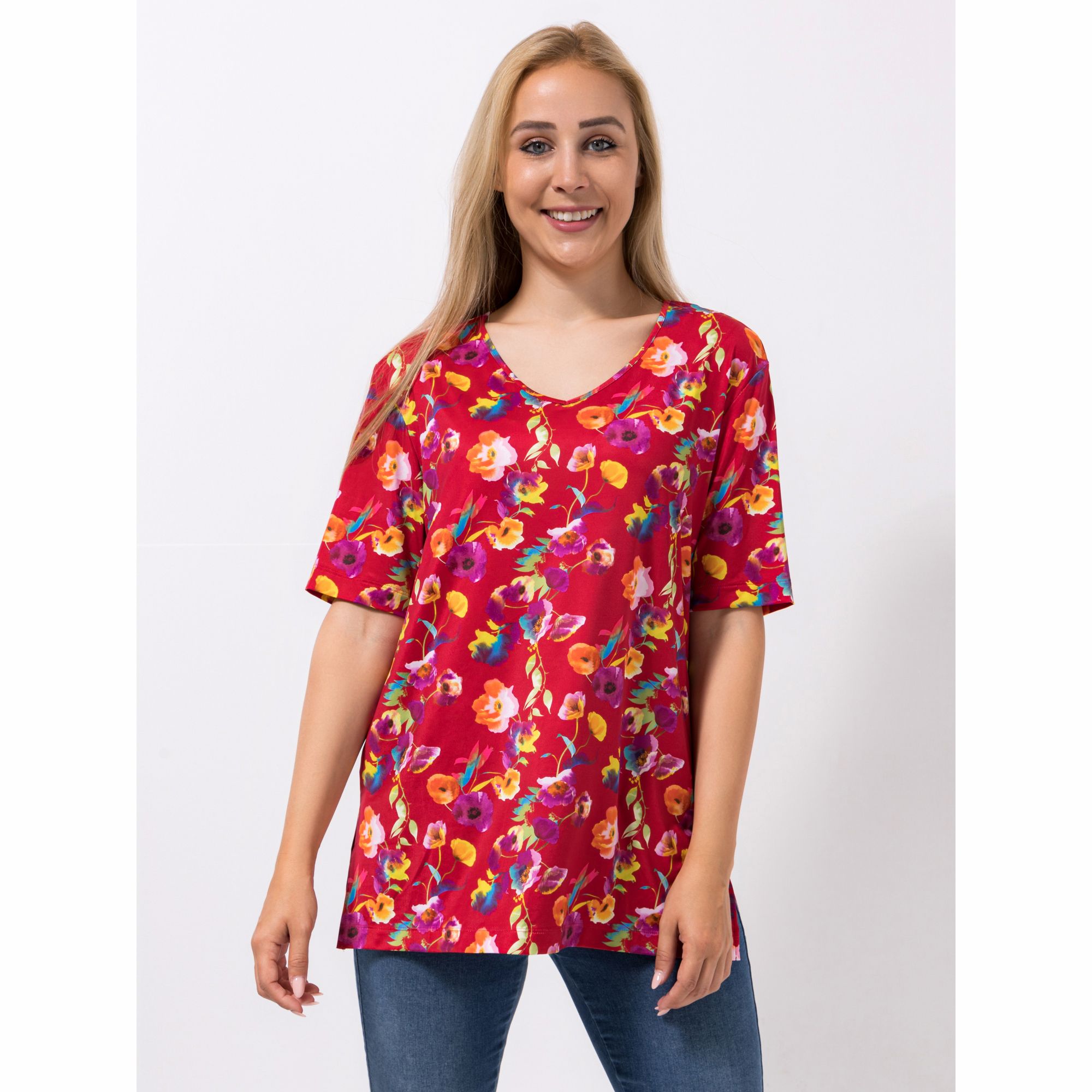 IN-PRINT Shirt, 1/2-Arm V-Ausschnitt Seitenschlitz Blumendruck