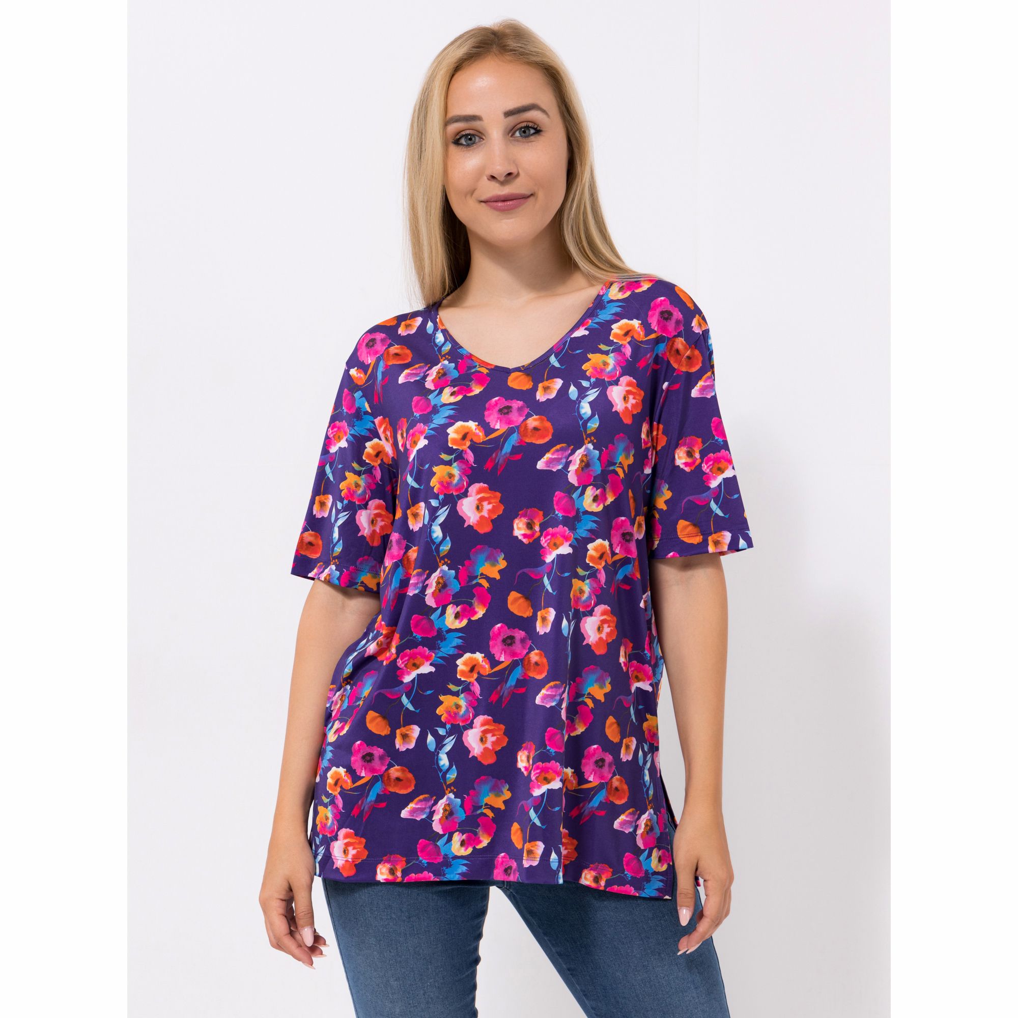 IN-PRINT Shirt, 1/2-Arm V-Ausschnitt Seitenschlitz Blumendruck