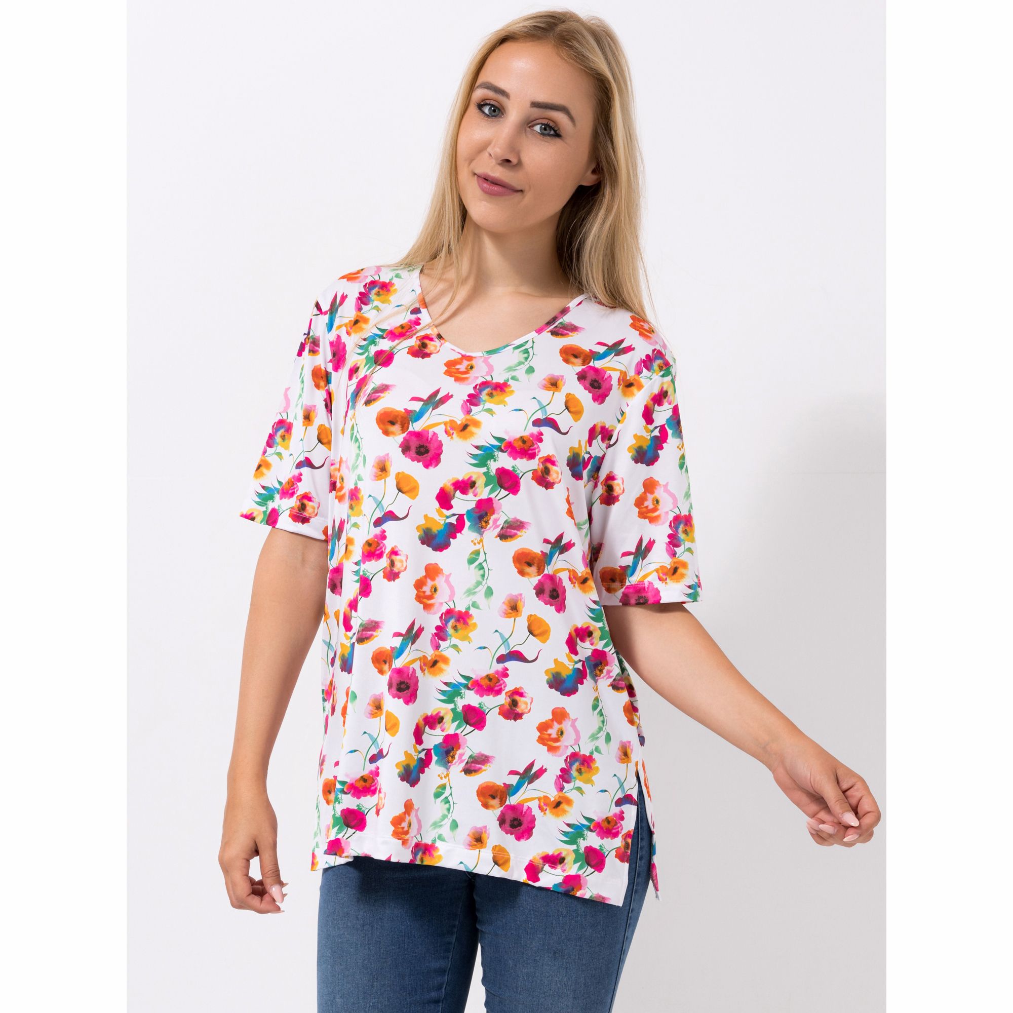 IN-PRINT Shirt, 1/2-Arm V-Ausschnitt Seitenschlitz Blumendruck