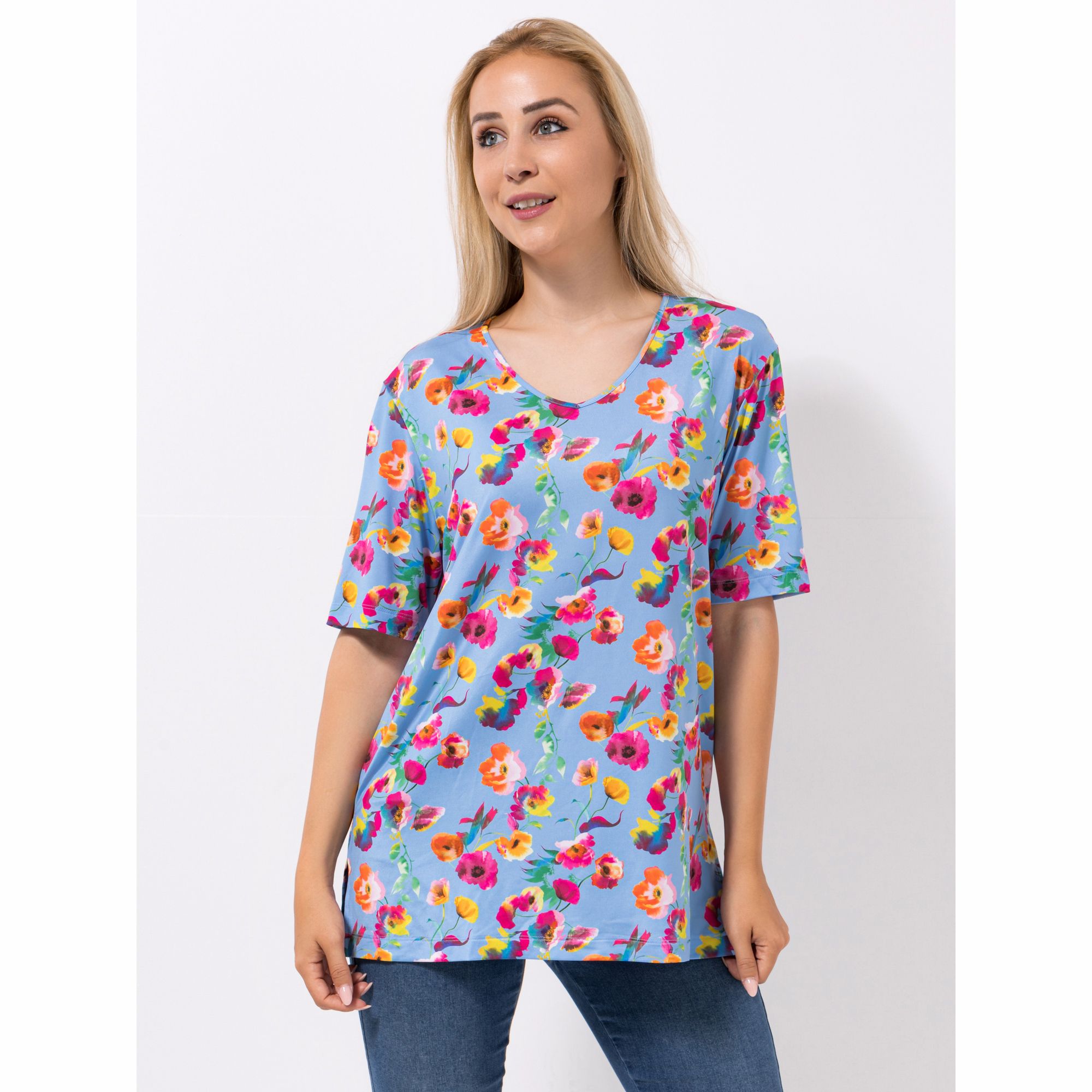 IN-PRINT Shirt, 1/2-Arm V-Ausschnitt Seitenschlitz Blumendruck