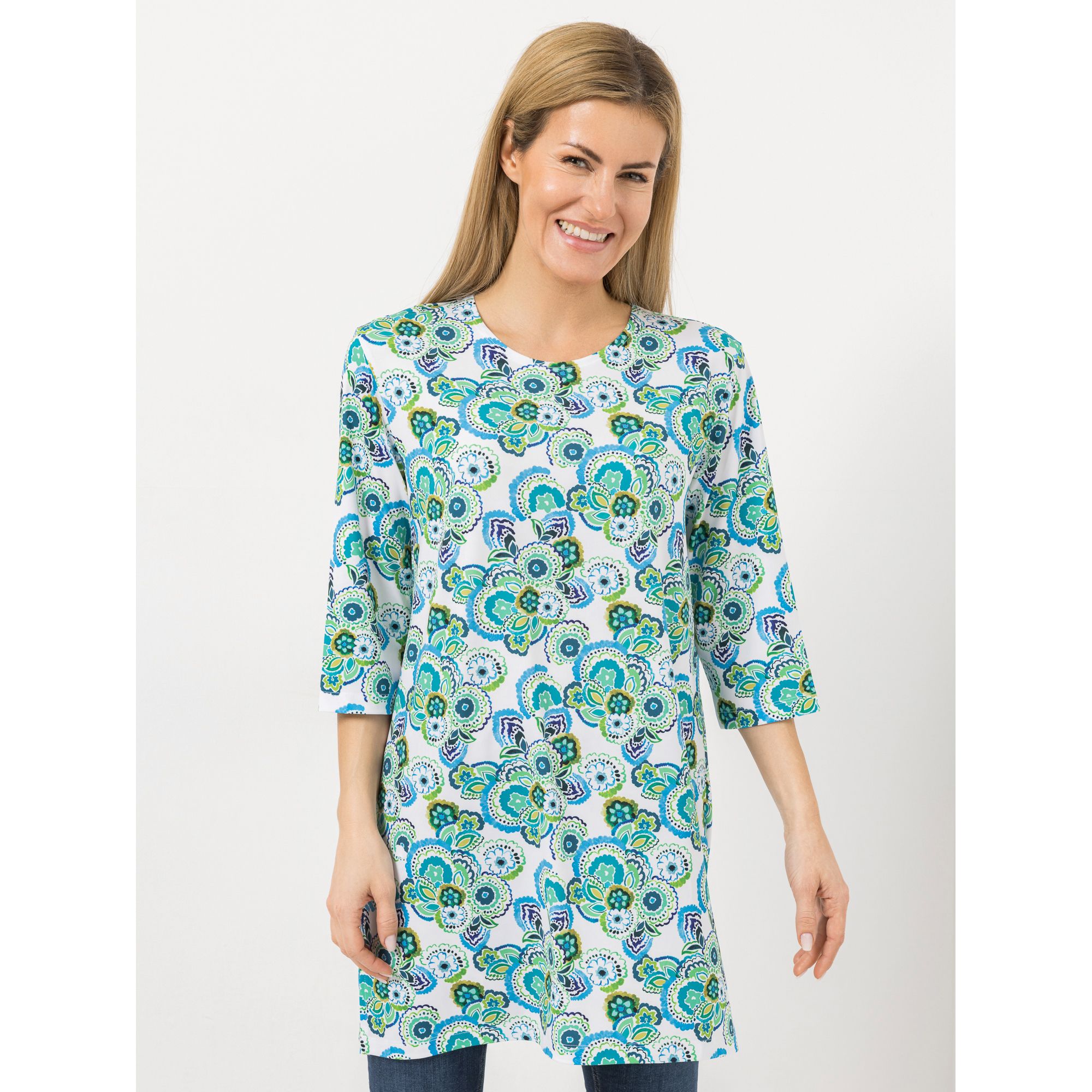 IN-PRINT Tunika, 3/4 Arm Rundhalsausschnitt Seitenschlitze Allover-Druck