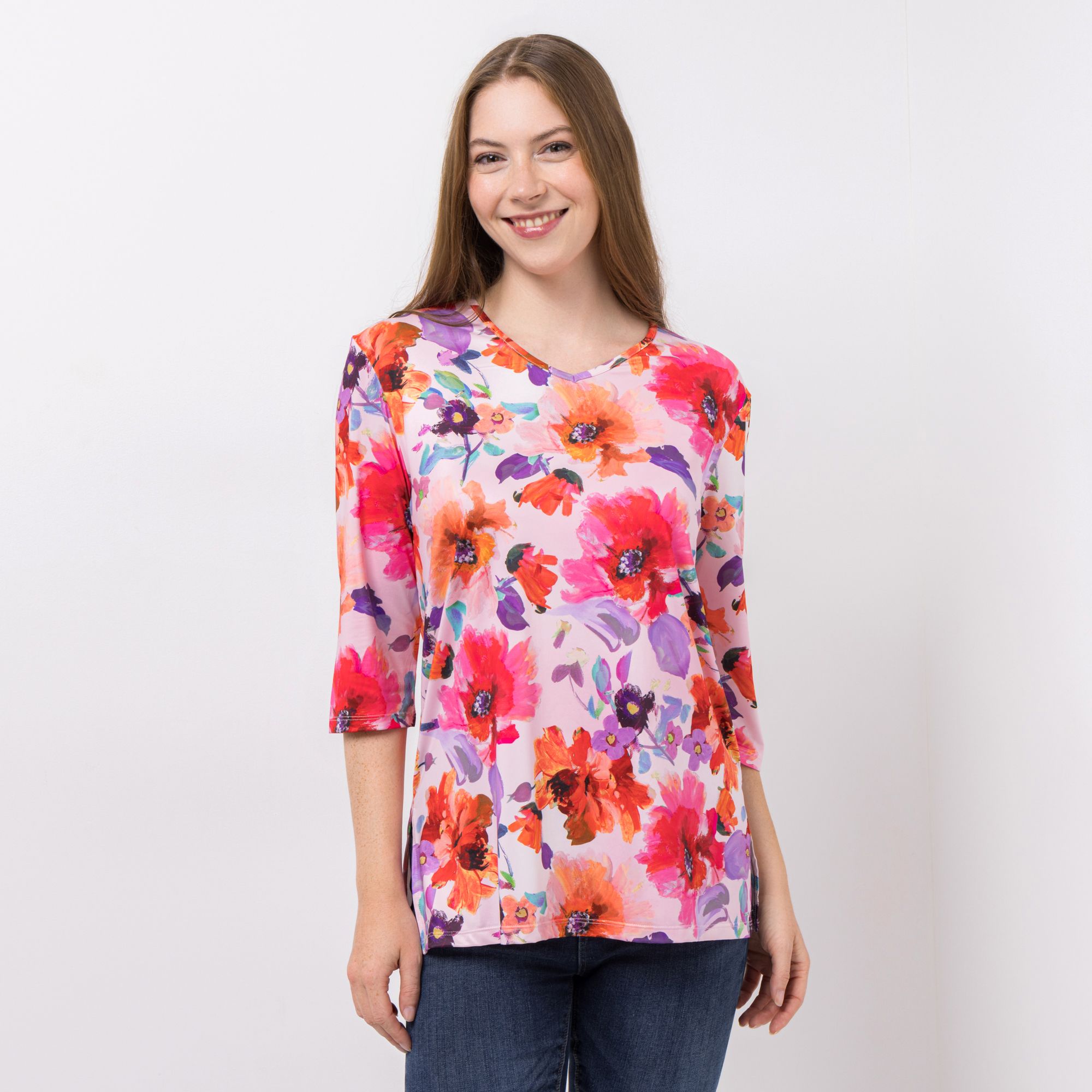 IN-PRINT Jersey-Shirt, 3/4-Arm V-Ausschnitt Seitenschlitze Leger weit