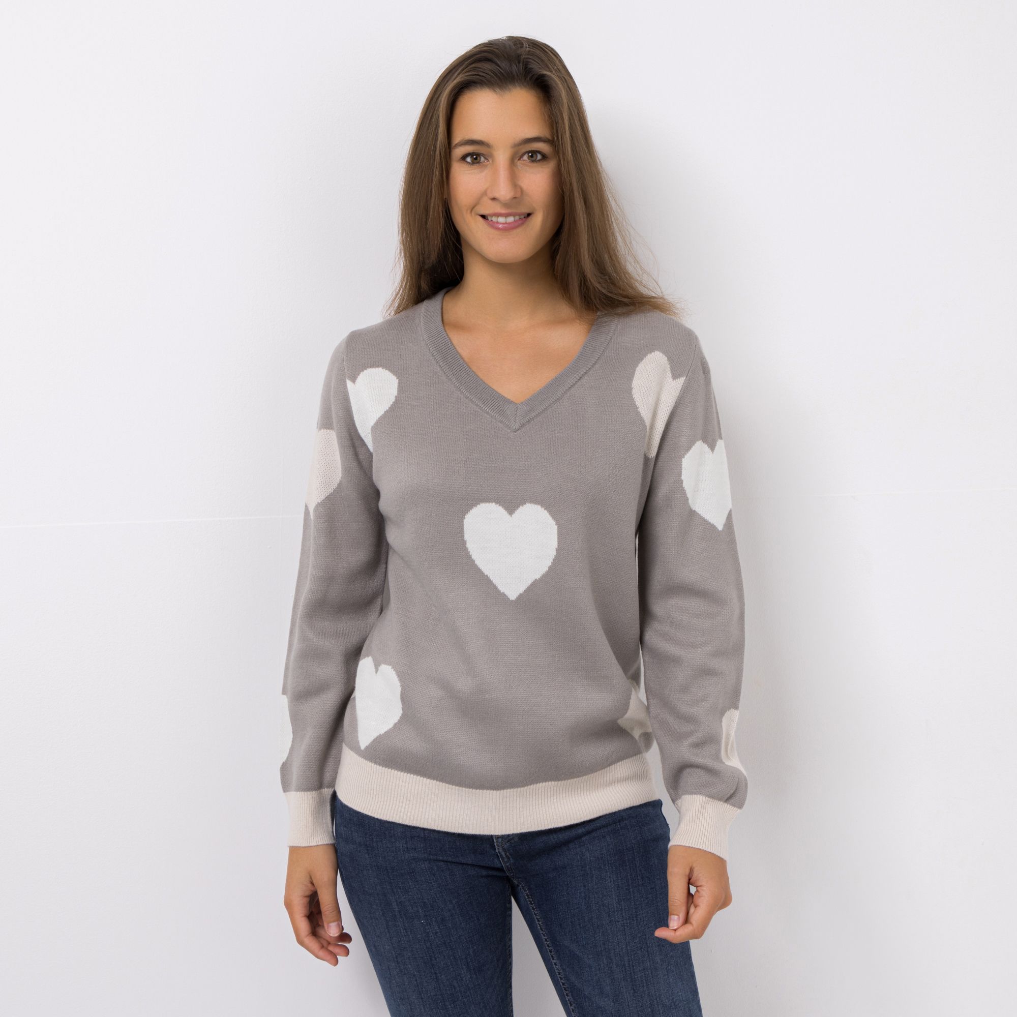 CASHMASOFT Pullover V-Ausschnitt Cashmeregriff Herz-Jacquard