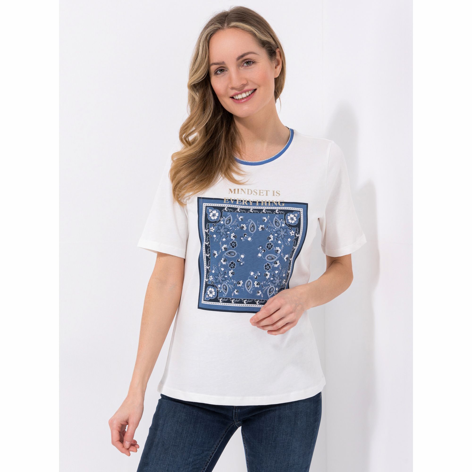 DENIM & CO. Shirt, 1/2-Arm Rundhalsausschnitt platzierter Druck figurumspielend