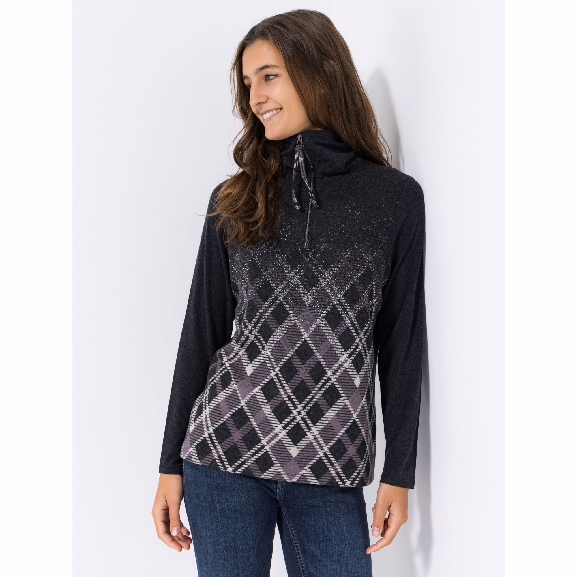 DENIM & CO. Shirt Troyerkragenform halber Reißverschluss figurumspielend