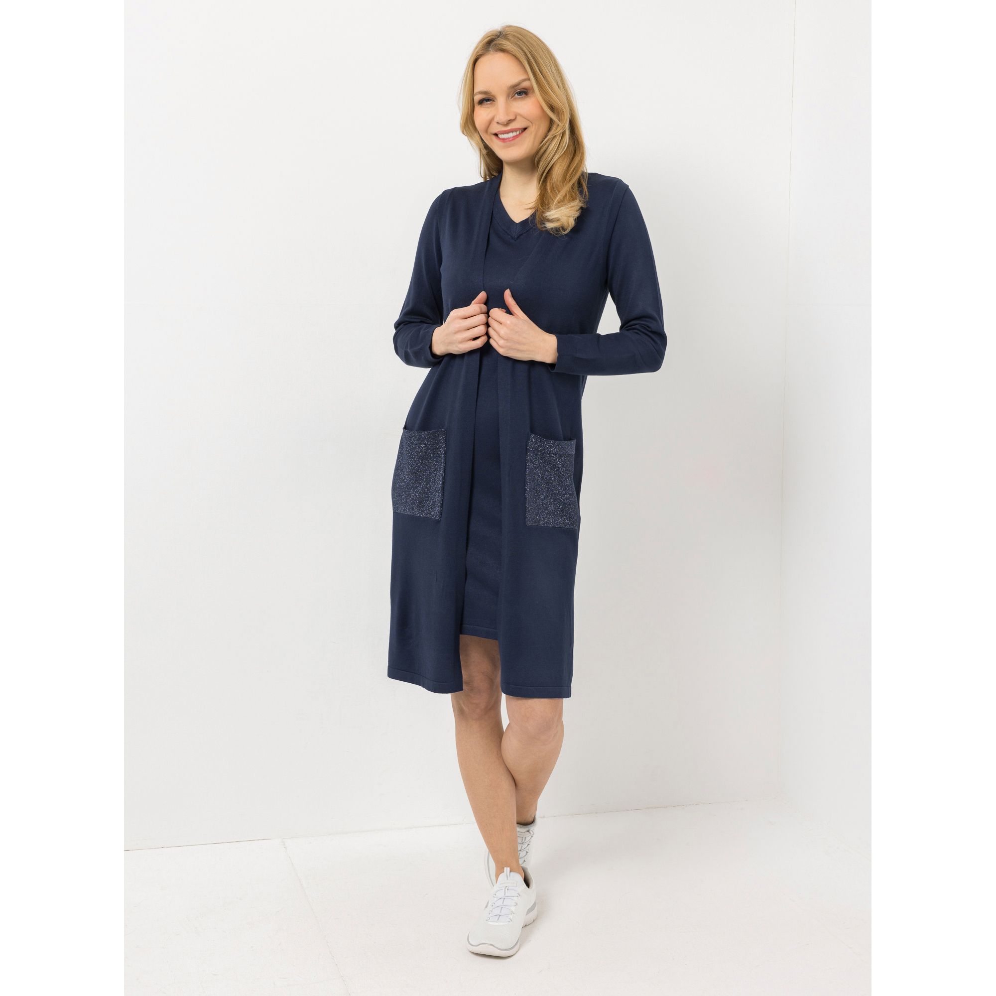 VIA MILANO Strickweste offene Front 2 aufgesetzte Taschen mit Glanzgarn-Details