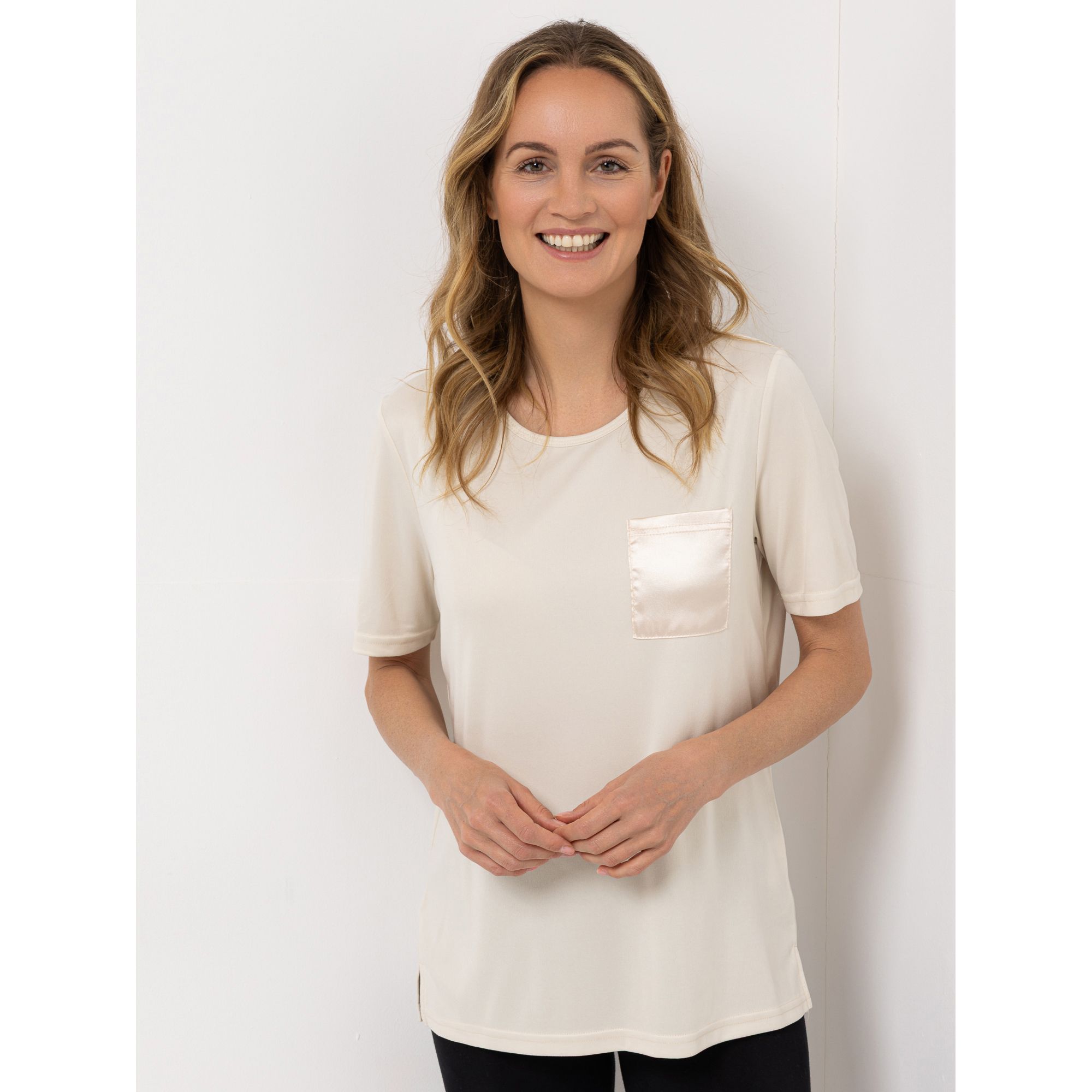 JERYMOOD HOMEWEAR Shirt, 1/2-Arm Mikrofaser Satin-Brusttasche Rundhalsausschnitt