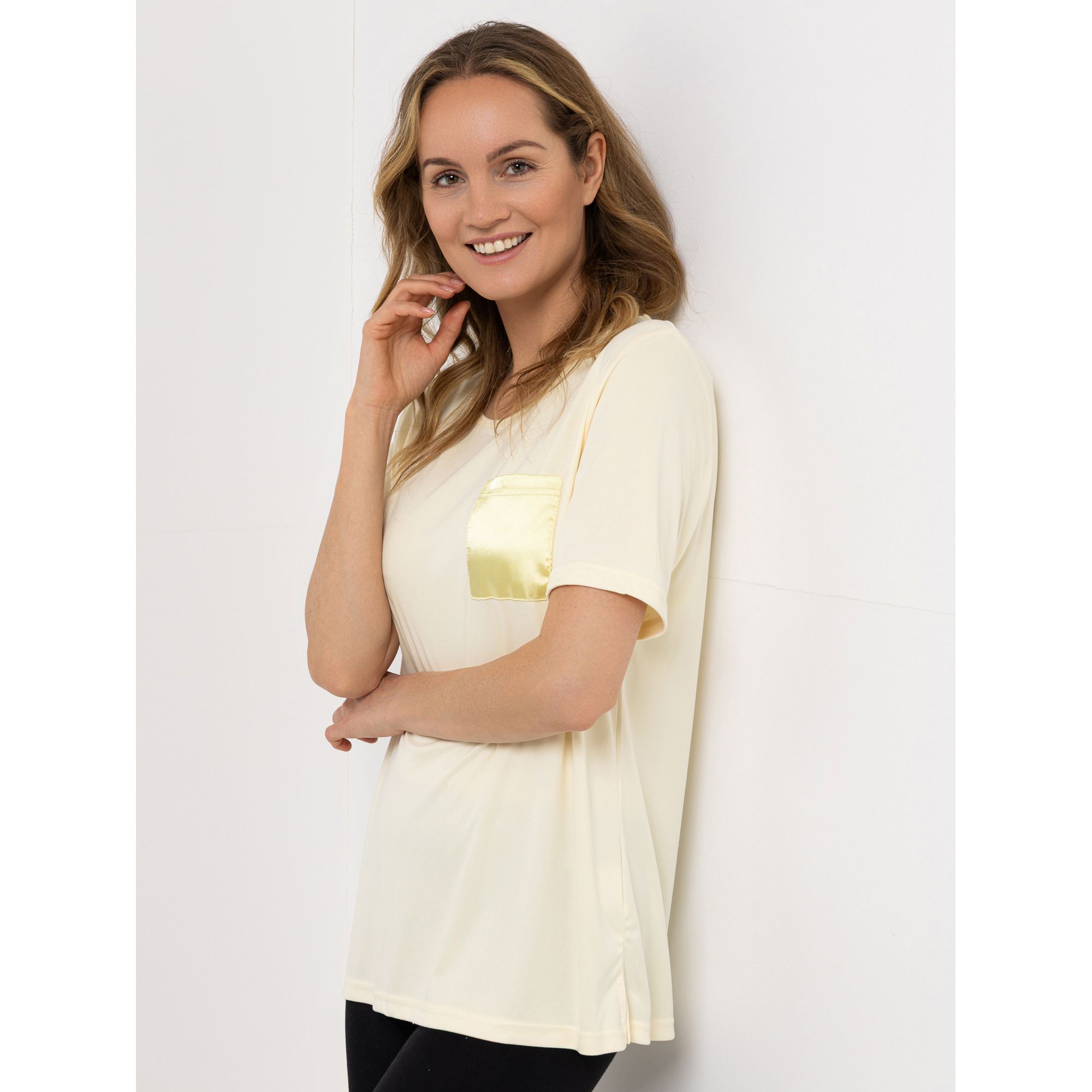 JERYMOOD HOMEWEAR Shirt, 1/2-Arm Mikrofaser Satin-Brusttasche Rundhalsausschnitt