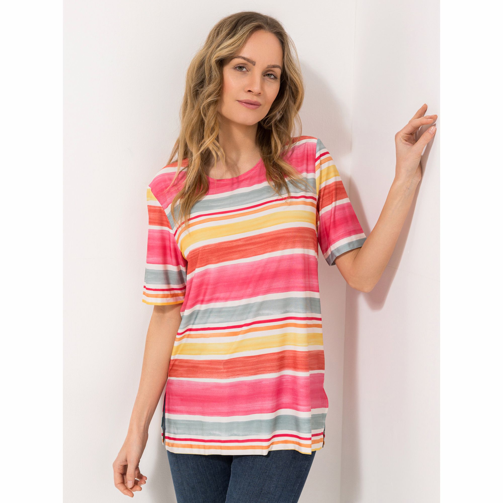 IN-PRINT Shirt, 1/2-Arm Rundhalsausschnitt Seitenschlitze elastische Ware