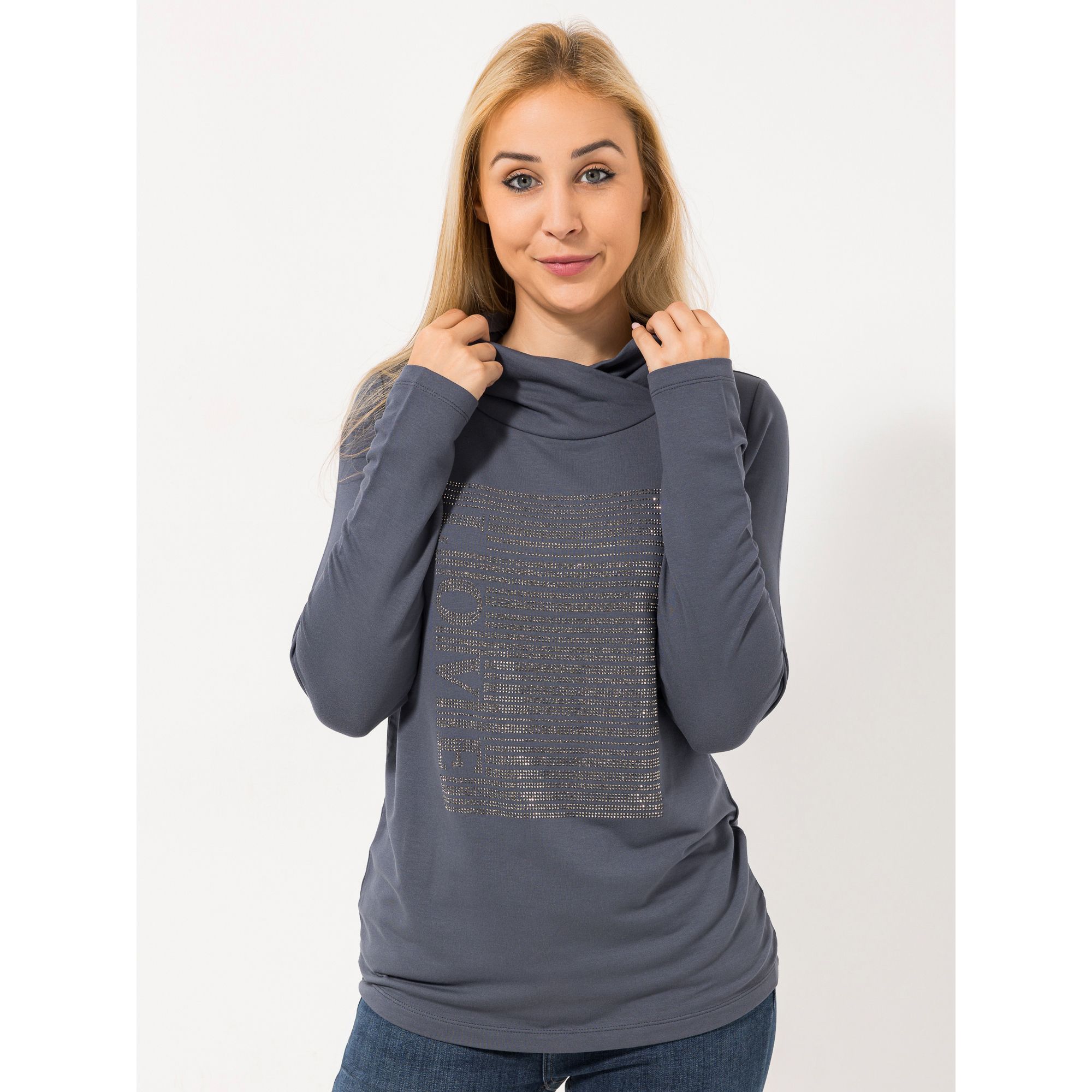 VIA MILANO Shirt, 1/1-Arm Rollkragen Steinchen figurumspielend