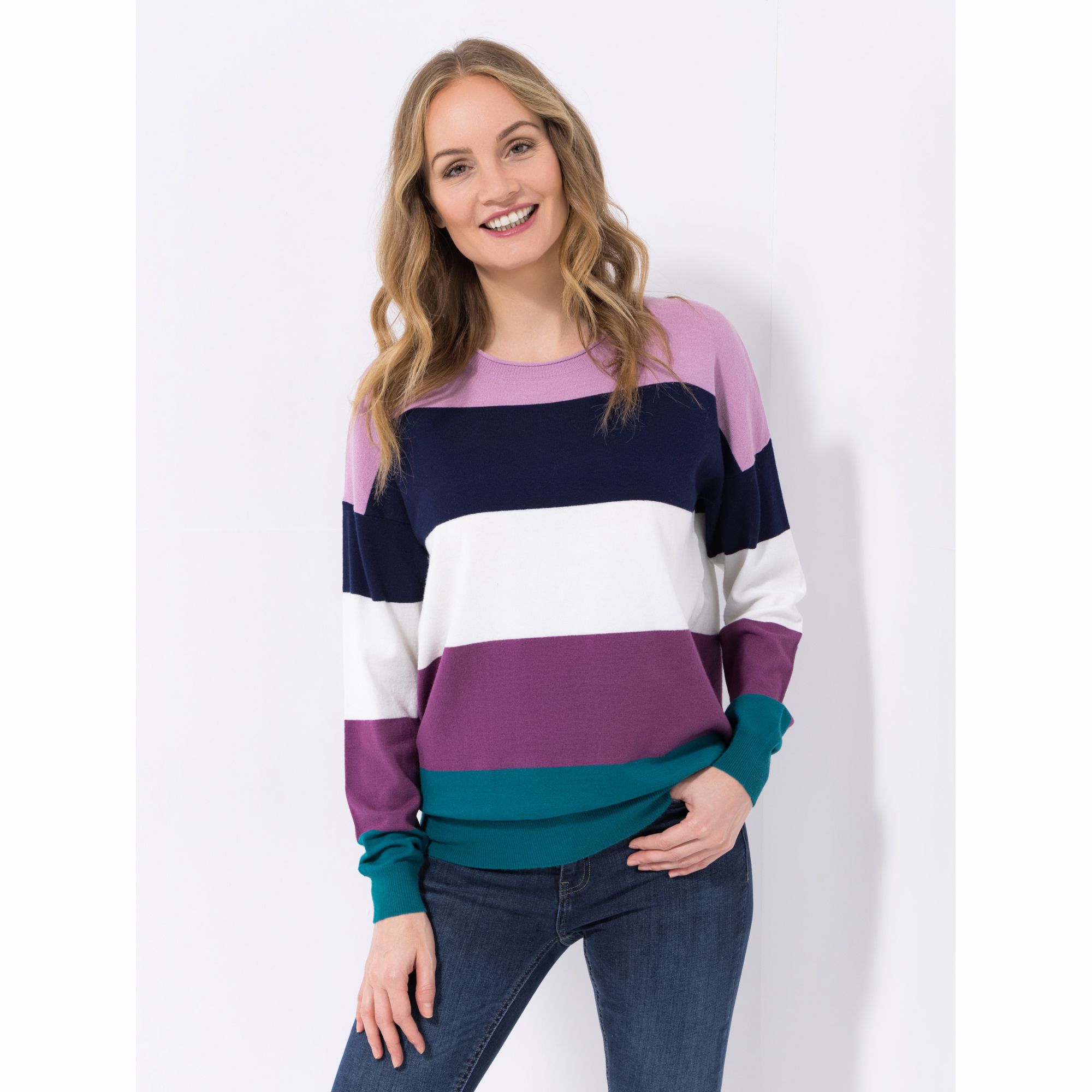 DENIM & CO. Pullover, 1/1-Arm Blockstreifen Rundhalsausschnitt Oversize - leger weit