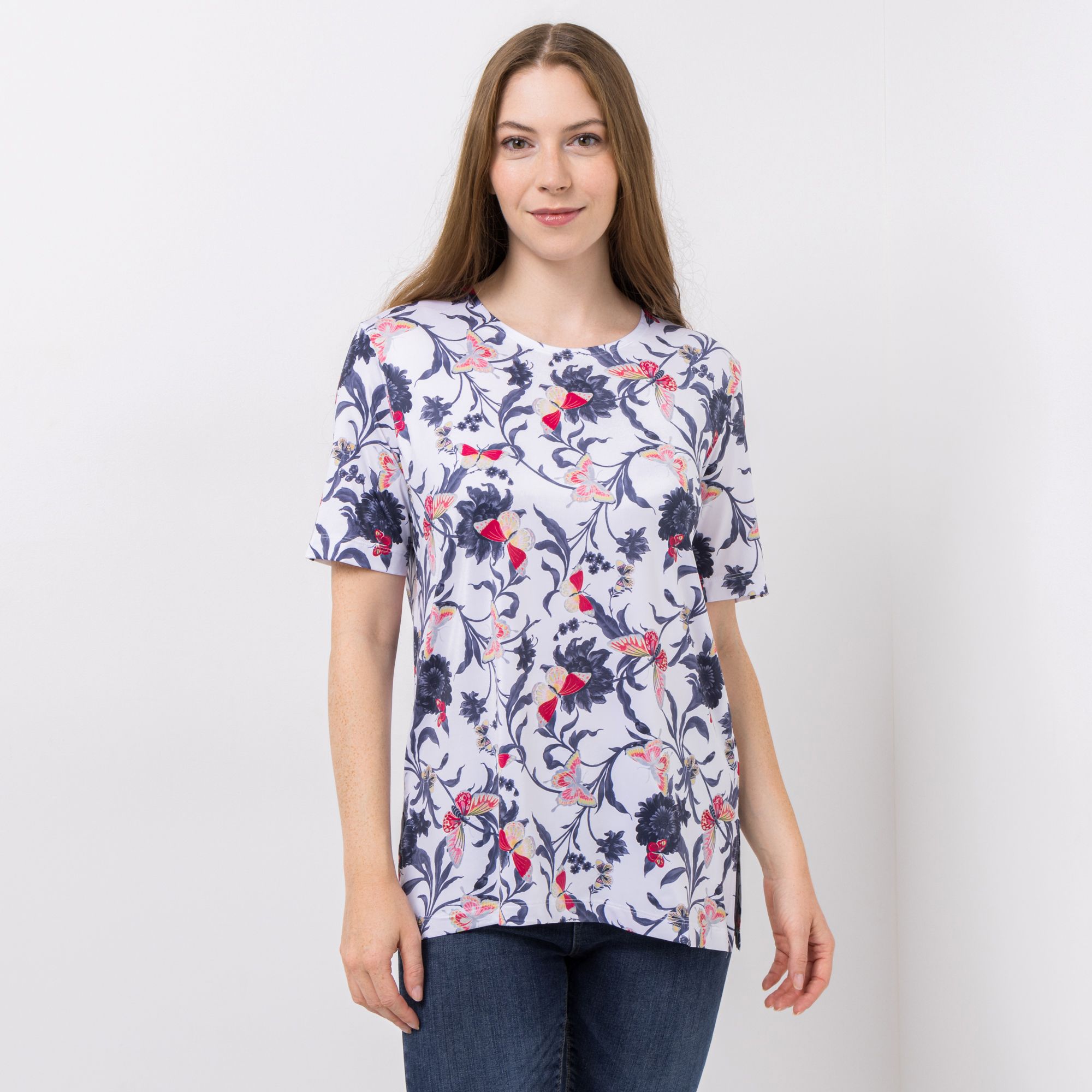 IN-PRINT Shirt 1/2-Arm Allover-Druck Rundhalsausschnitt Seitenschlitze
