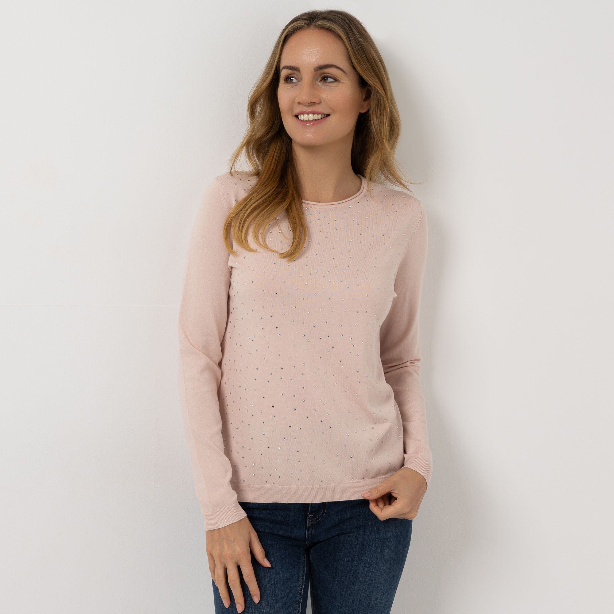VIA MILANO Pullover, 1/1-Arm Rundhalsausschnitt Strass-Details figurumspielend