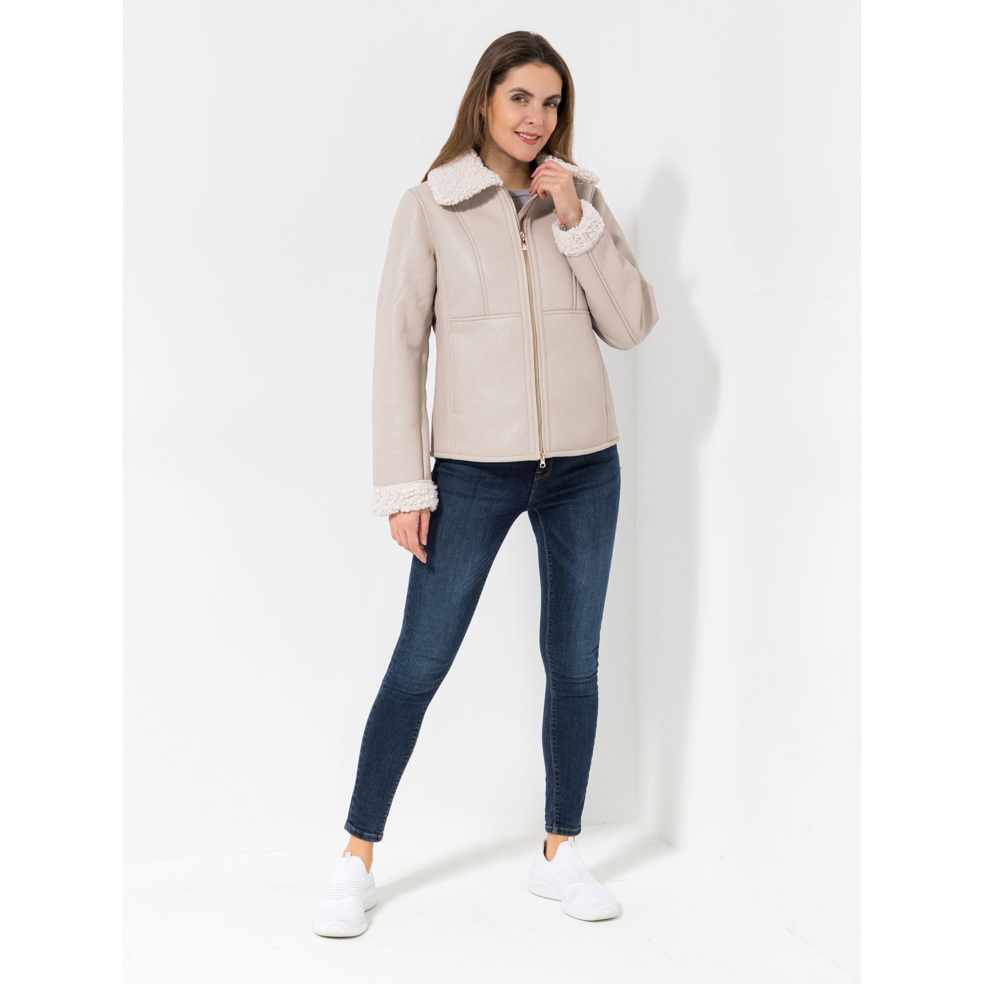 VIA MILANO Jacke, 1/1-Arm Teddykragen Teilungsnähte 2-Wege Reißverschluss