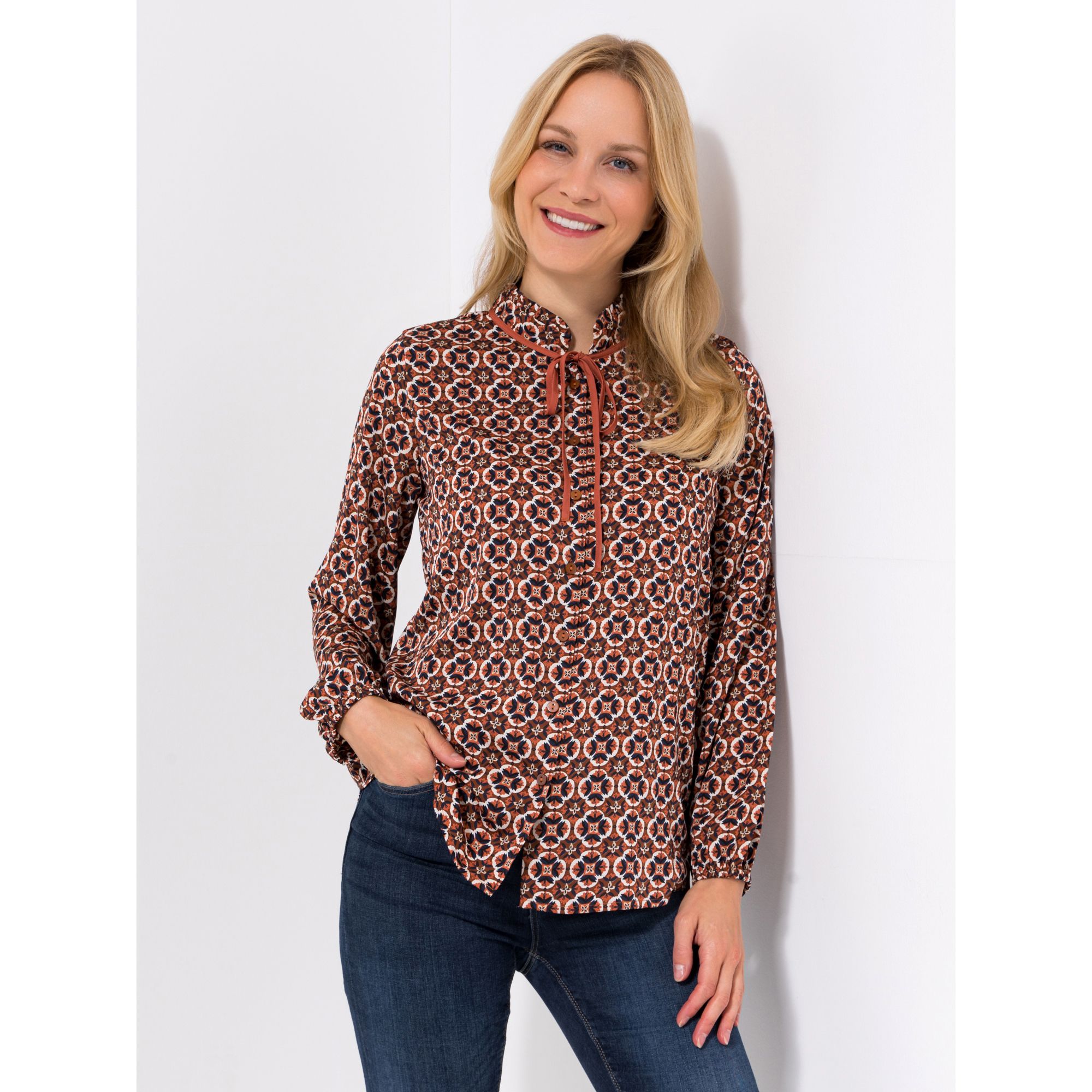 VIA MILANO Bluse, 1/1-Arm Kragen mit Rüsche Bindeband figurumspielend