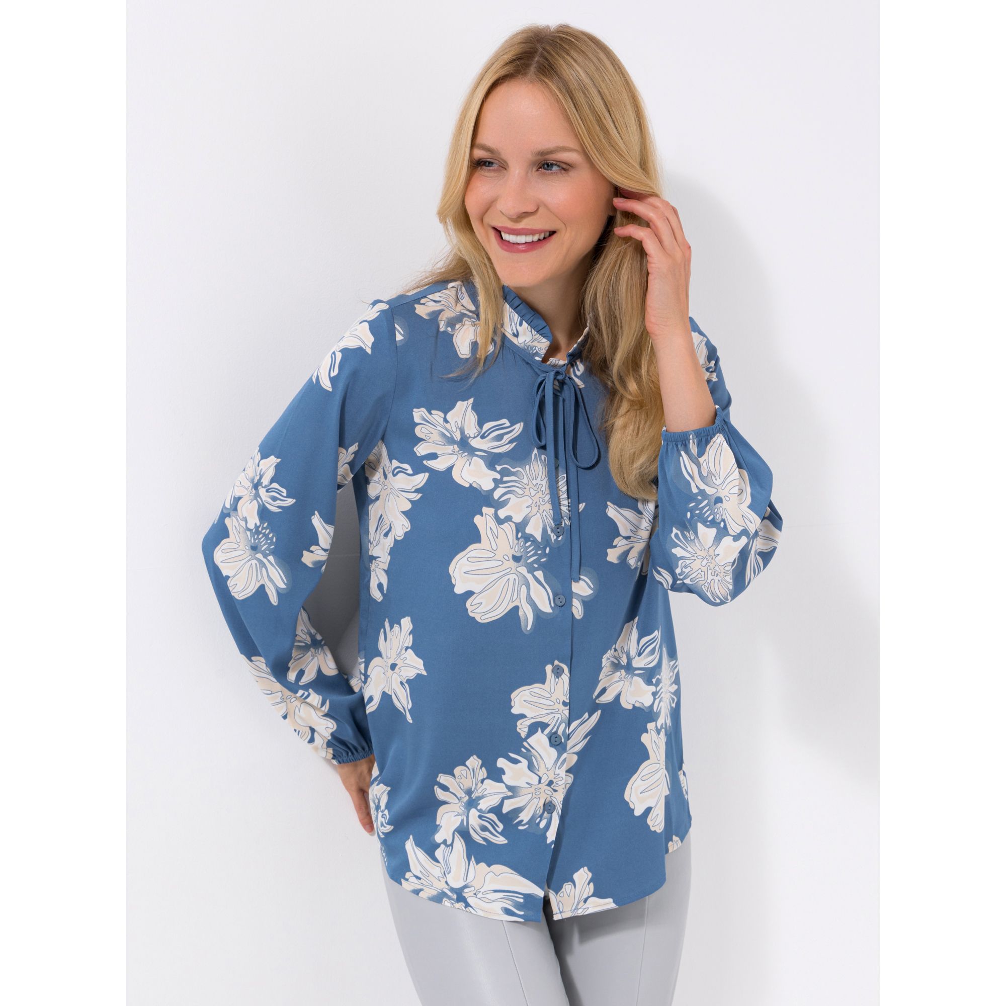 VIA MILANO Bluse, 1/1-Arm Kragen mit Rüsche Bindeband figurumspielend