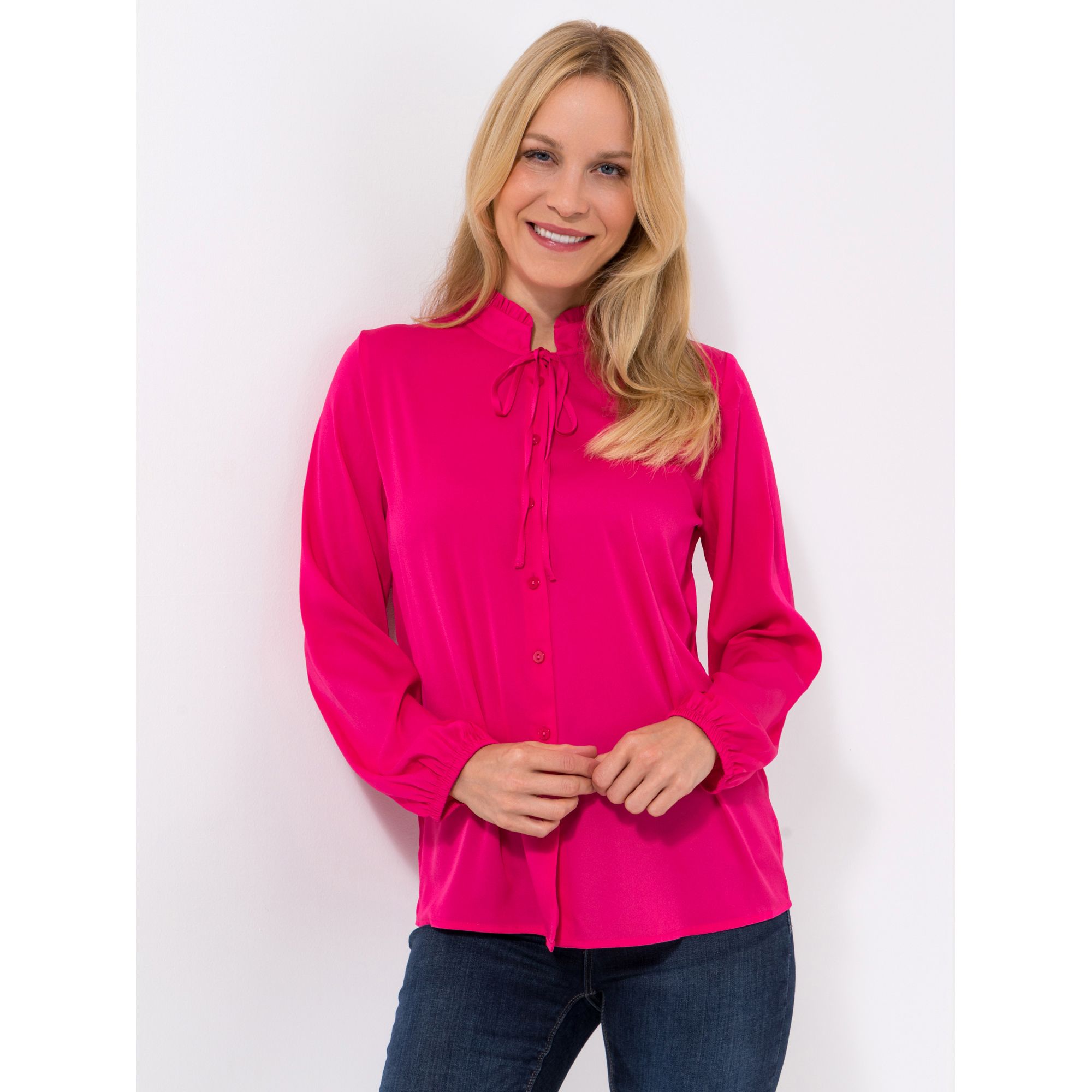 VIA MILANO Bluse, 1/1-Arm Kragen mit Rüsche Bindeband figurumspielend