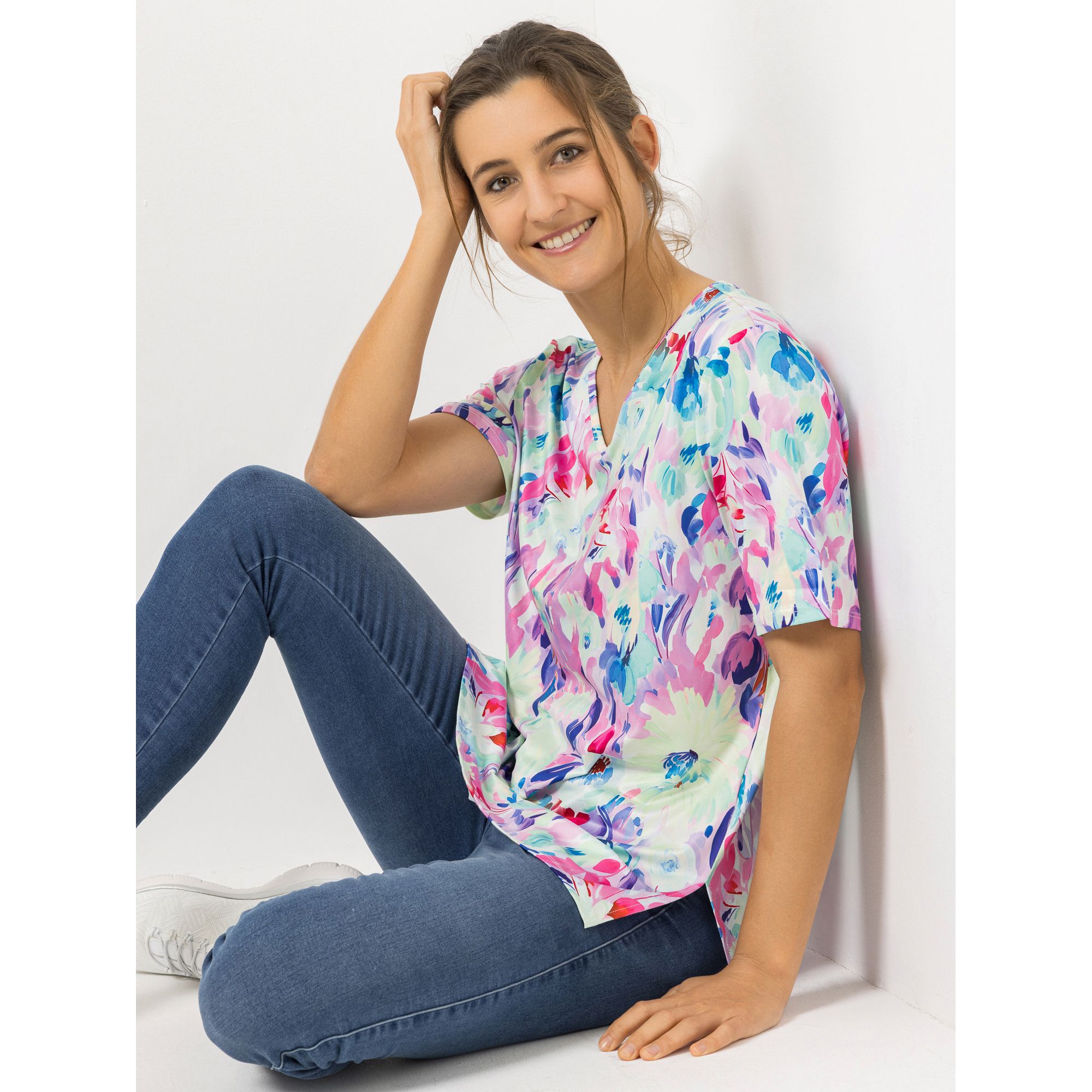 IN-PRINT Shirt 1/2-Arm V-Ausschnitt Blumendruck