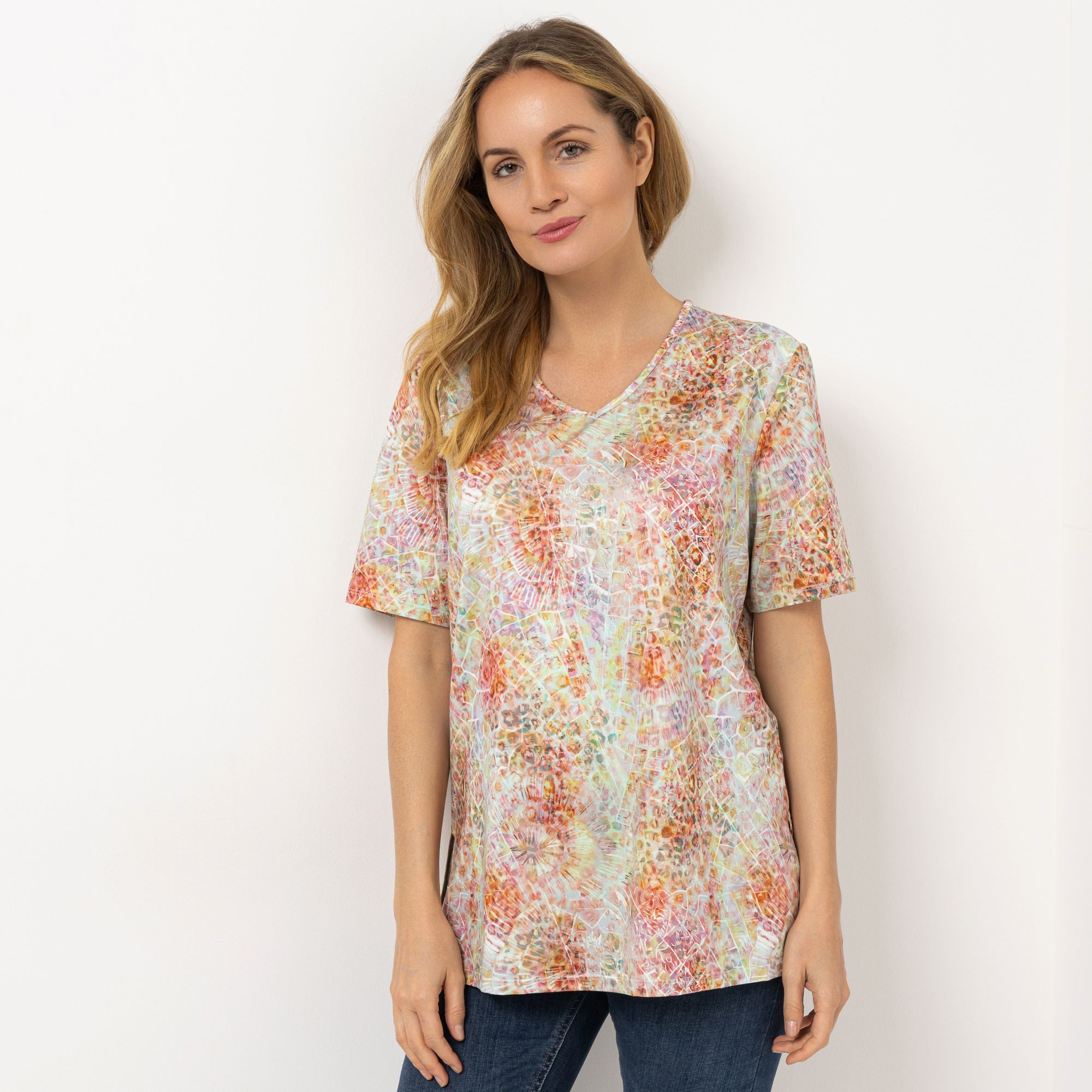 IN-PRINT Jersey-Shirt, 1/2-Arm V-Ausschnitt Seitenschlitze Leger weit