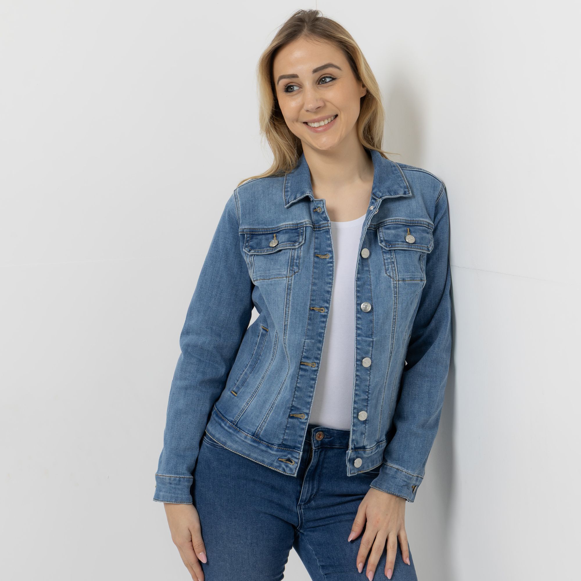 DENIM & CO. Jeansjacke Knopfleiste Eingrifftaschen Kontrastdetails