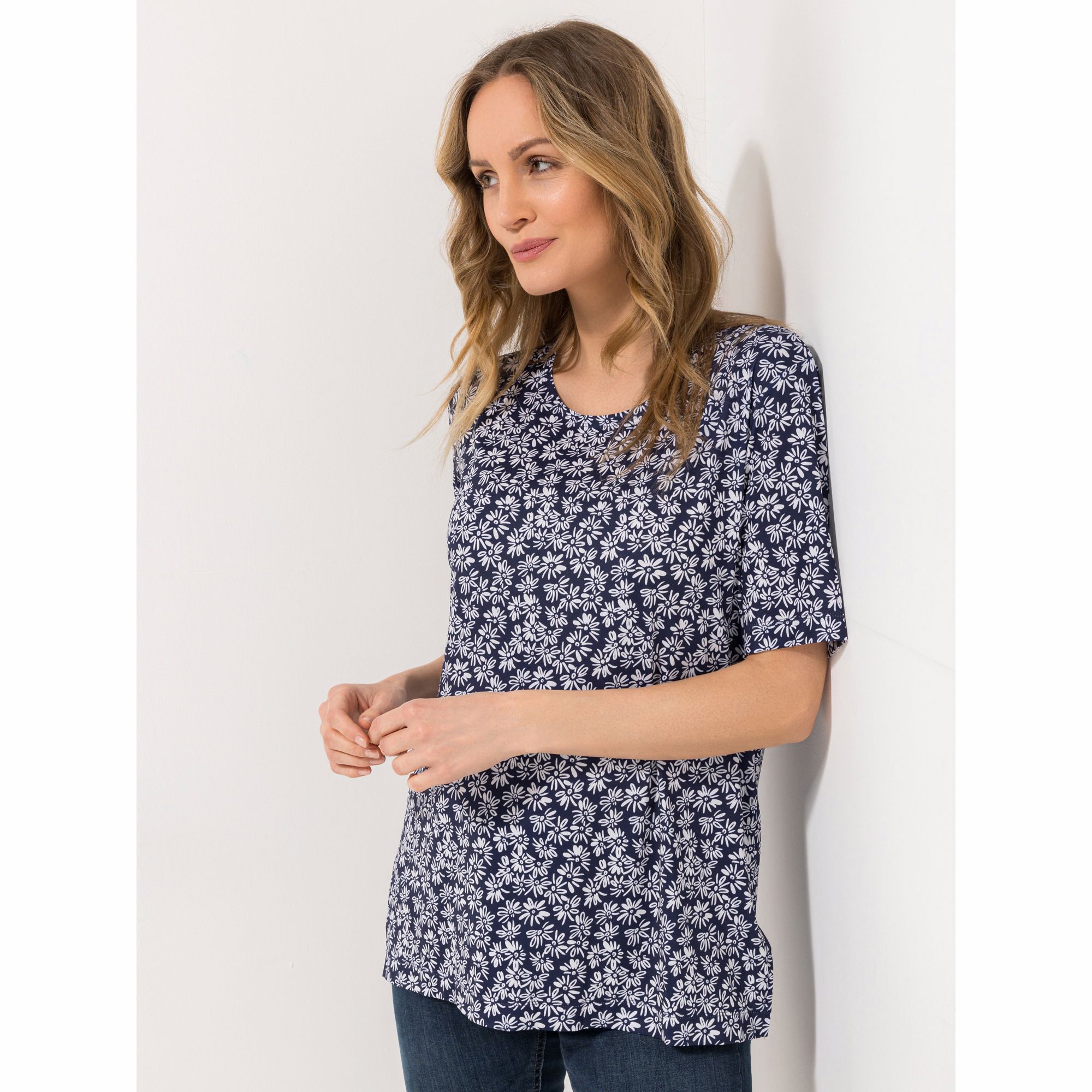 IN-PRINT Shirt, 1/2-Arm Rundhalsausschnitt Seitenschlitze Blumendruck