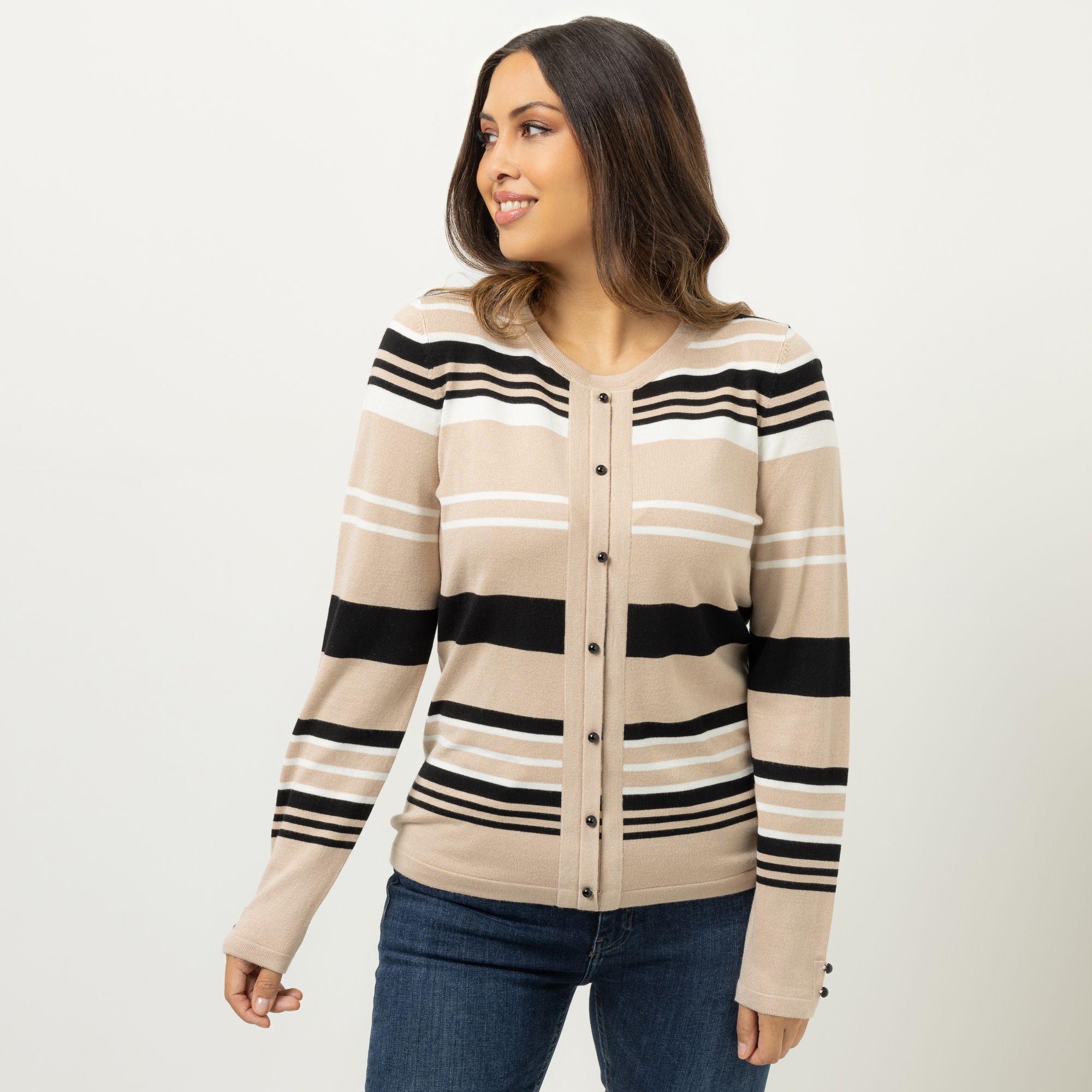 DENIM & CO. Pullover Cardigan-Optik Rundhalsausschnitt Zierdetails