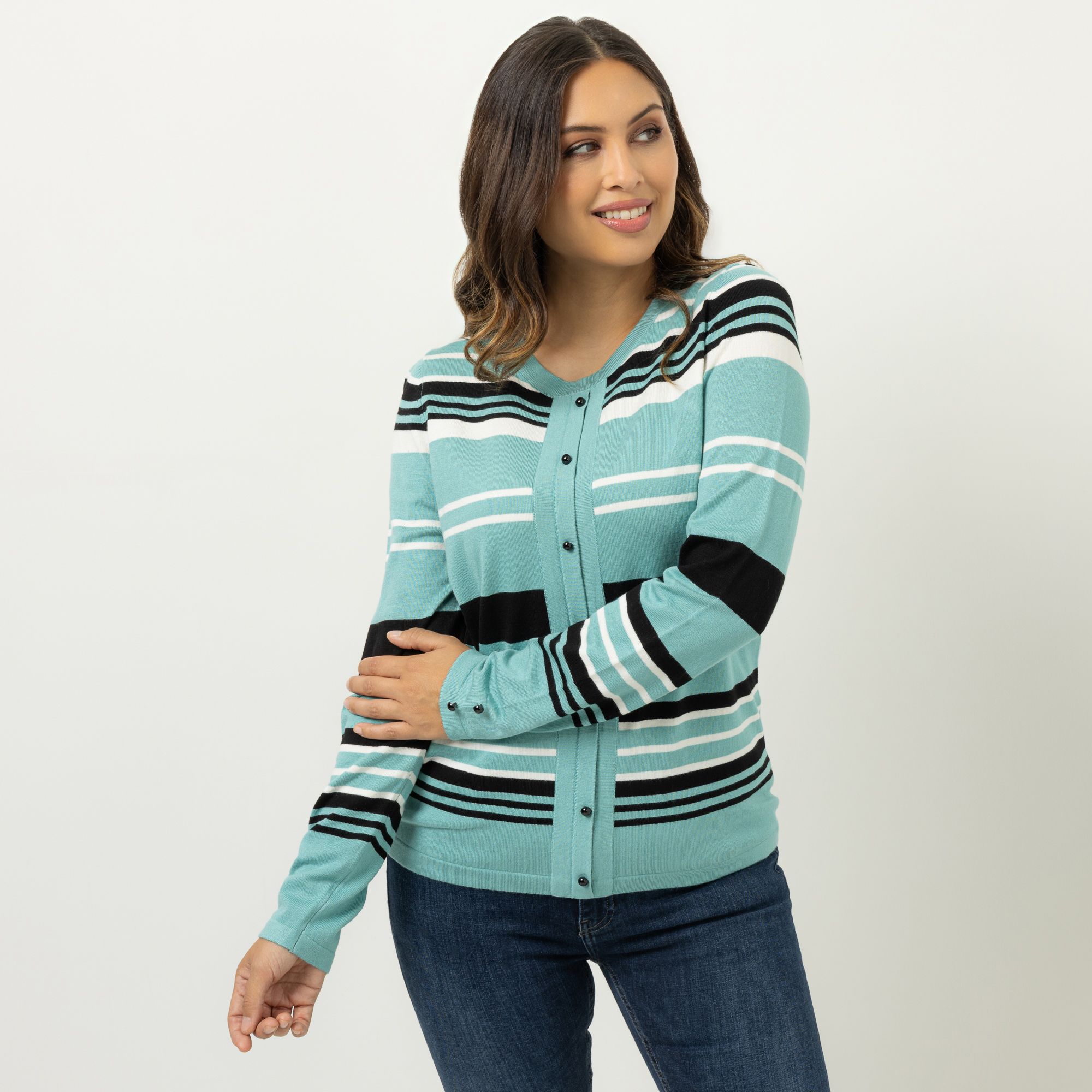DENIM & CO. Pullover Cardigan-Optik Rundhalsausschnitt Zierdetails