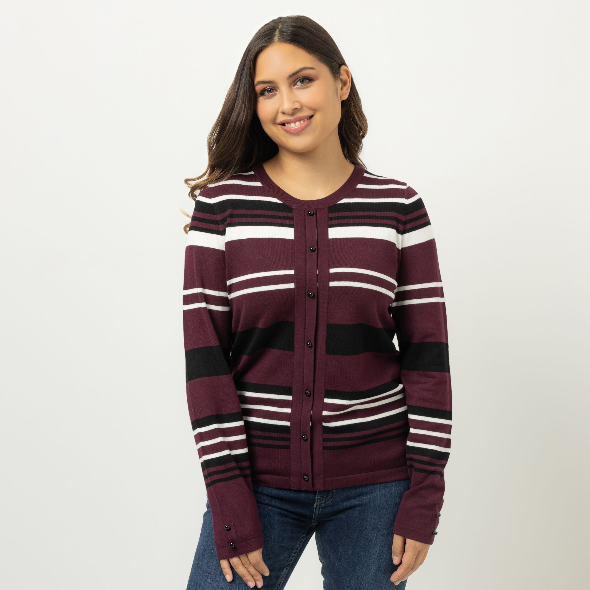 DENIM & CO. Pullover Cardigan-Optik Rundhalsausschnitt Zierdetails