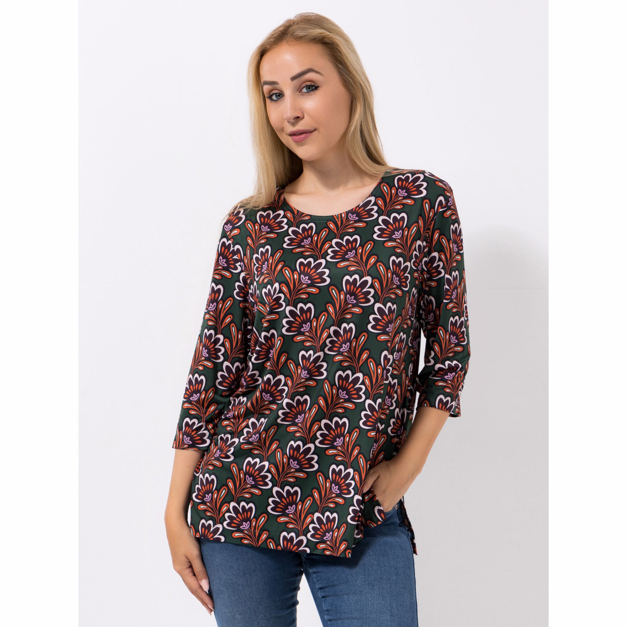 IN-PRINT Shirt, 3/4-Arm Rundhalsausschnitt Seitenschlitze leger-weit