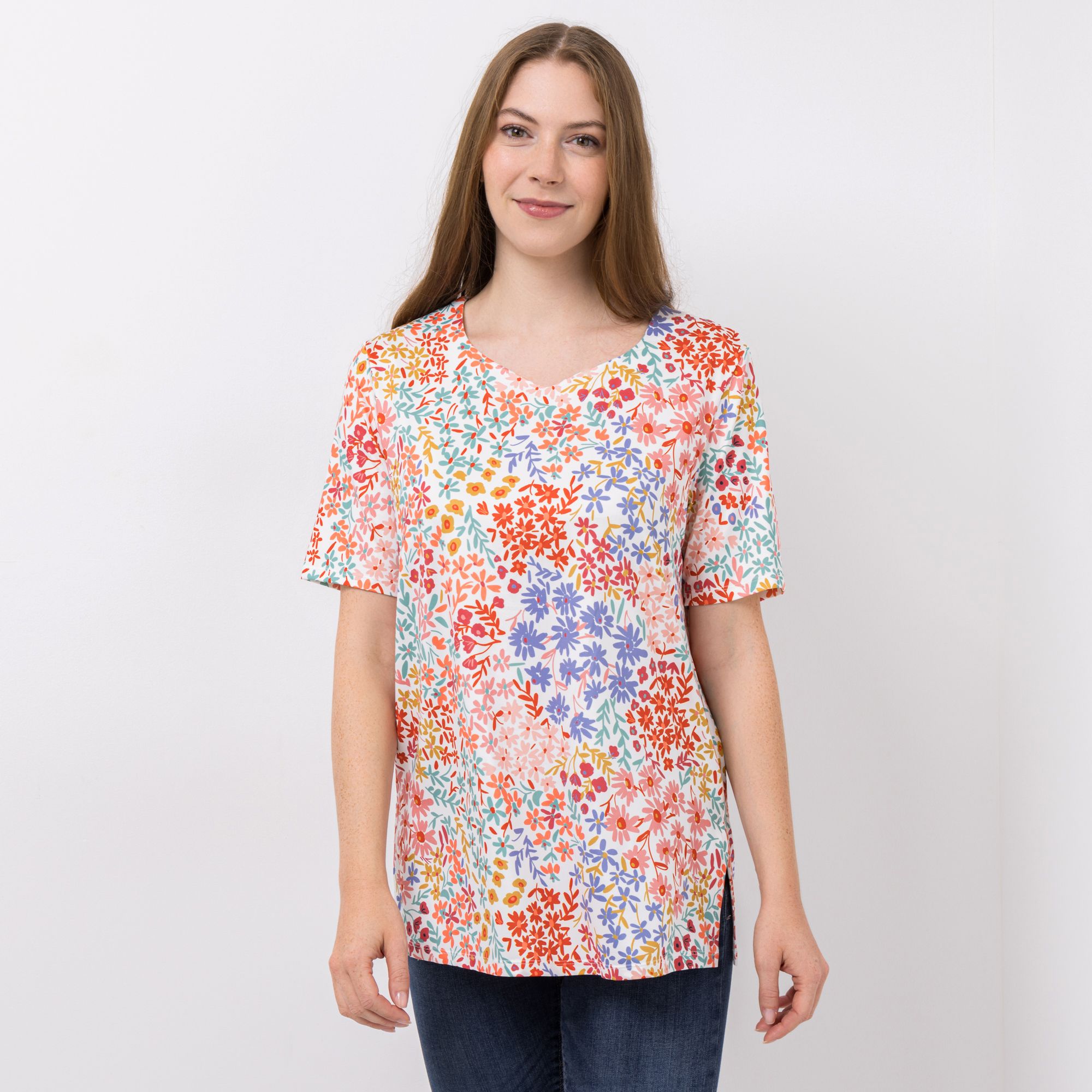 IN-PRINT Jersey-Shirt, 1/2-Arm Herzhalsausschnitt Seitenschlitze Leger weit