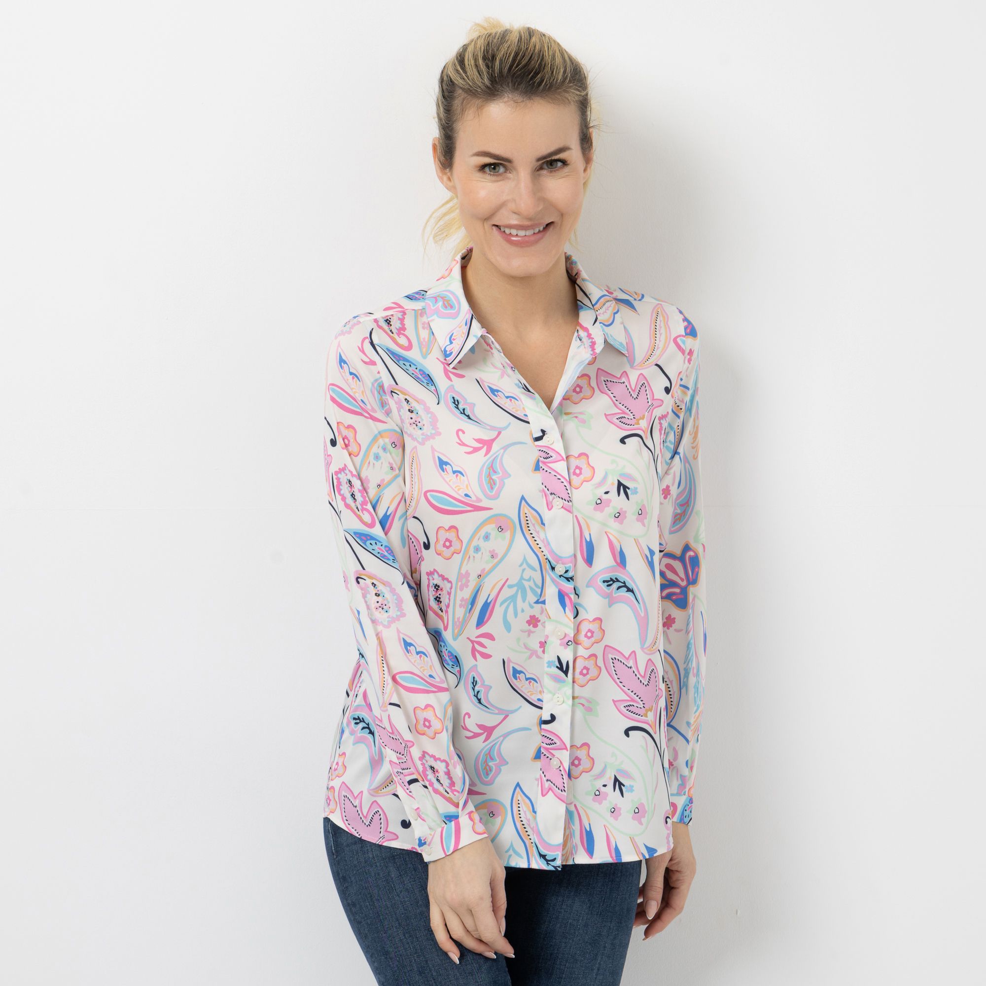 VIA MILANO Bluse, 1/1-Arm Blusenkragen Allover Druck figurumspielend