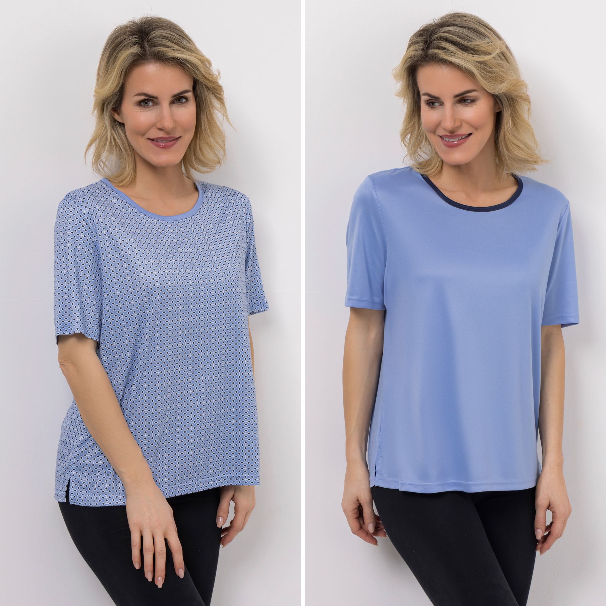 JERYMOOD HOMEWEAR 2 Shirts, 1/2-Arm Rundhalsausschnitt Seitennahtschlitz 1x uni, 1x bedruckt