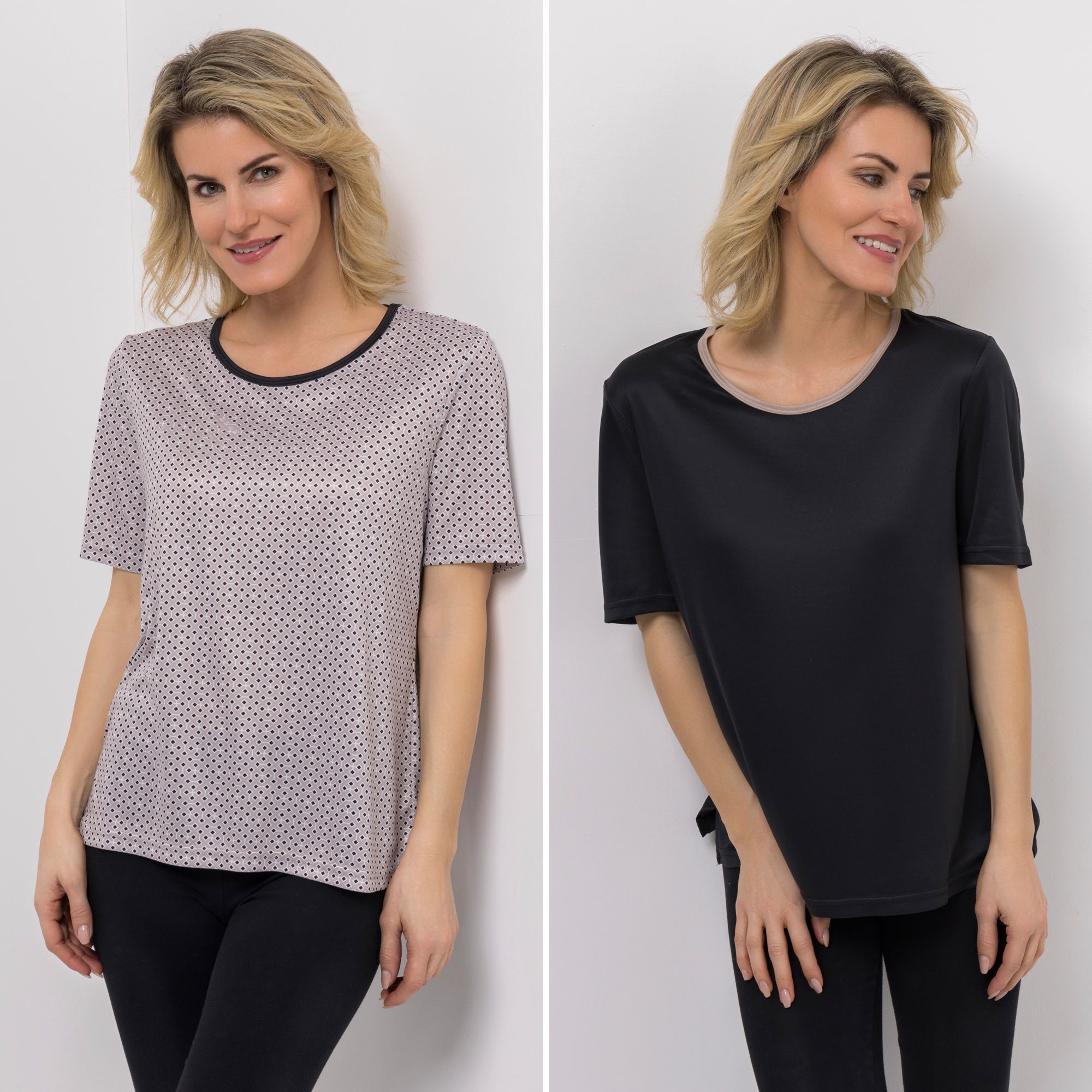 JERYMOOD HOMEWEAR 2 Shirts, 1/2-Arm Rundhalsausschnitt Seitennahtschlitz 1x uni, 1x bedruckt