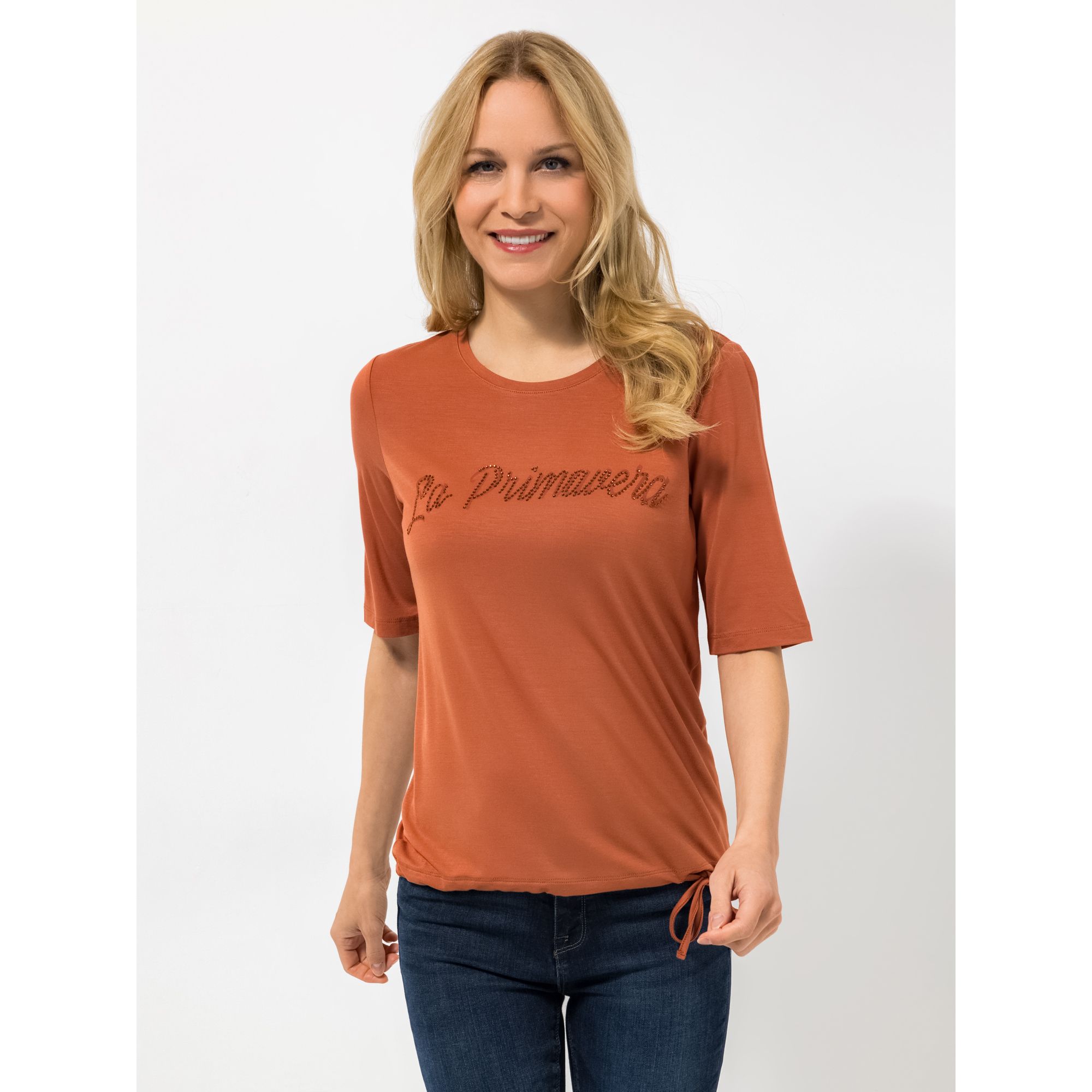 VIA MILANO Shirt, 3/4-Arm Rundhalsausschnitt Bindeband mit ECOVERO Viskose