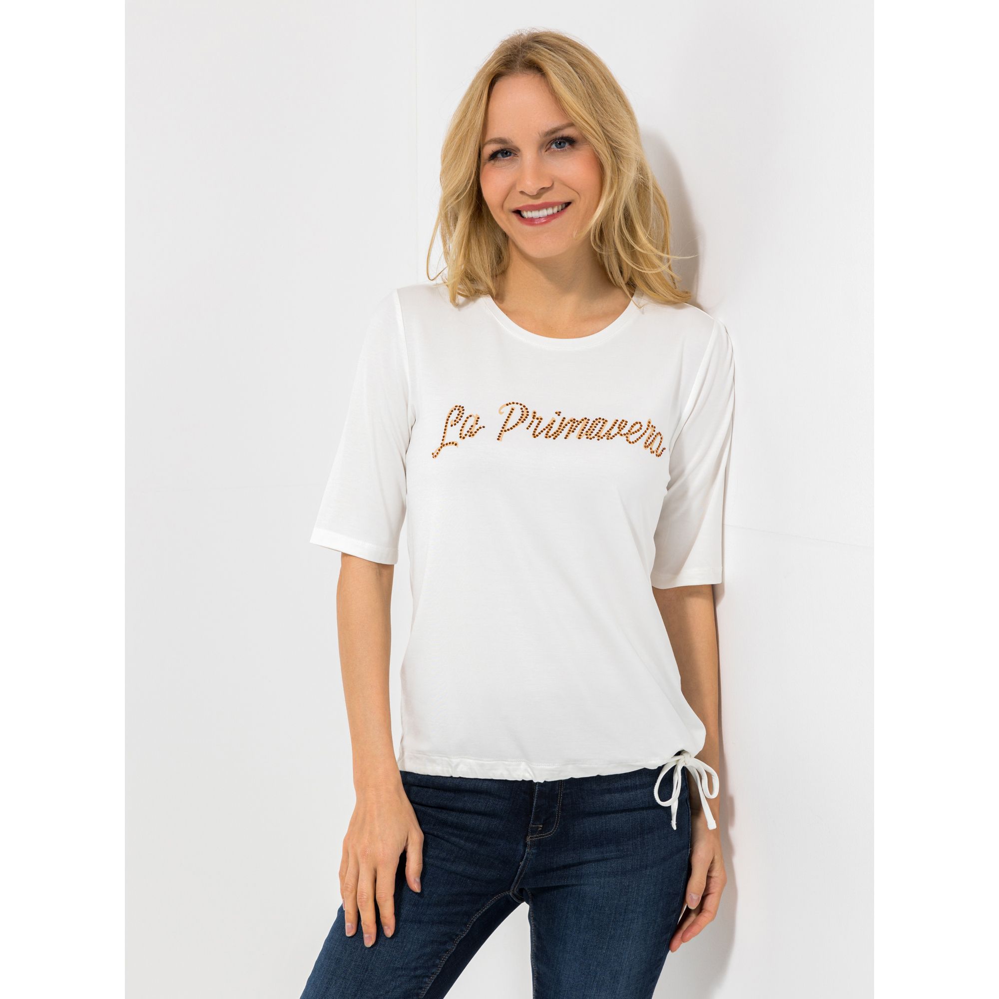 VIA MILANO Shirt, 3/4-Arm Rundhalsausschnitt Bindeband mit ECOVERO Viskose