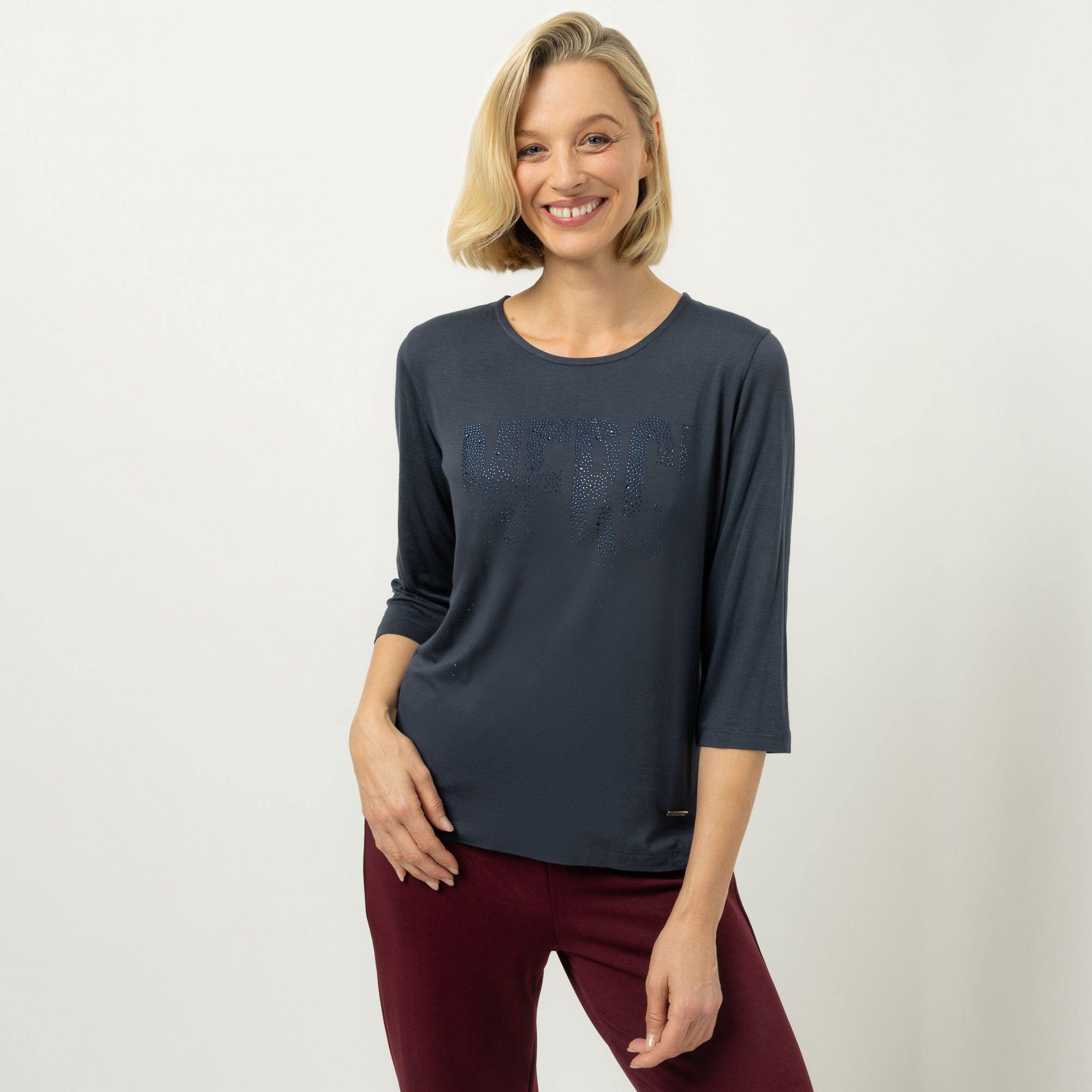 AMINATI® Shirt, 3/4-Arm Rundhalsausschnitt Strass-Details Seitenschlitze