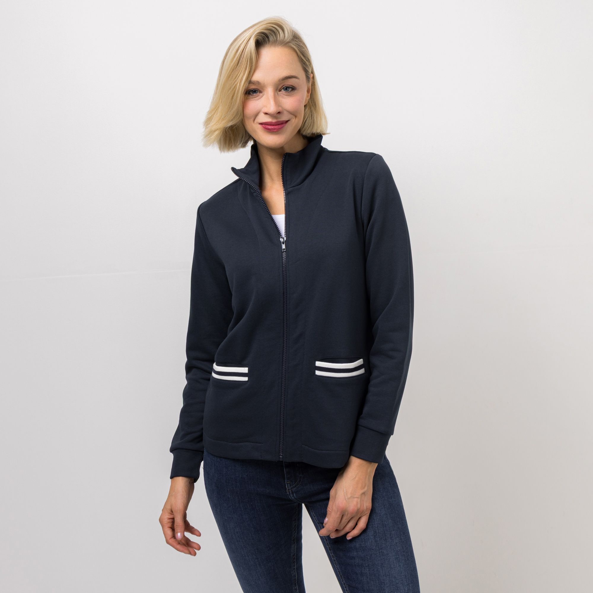 DENIM & CO. Sweatjacke, langarm Stehkragen Reißverschluss Leistentaschen