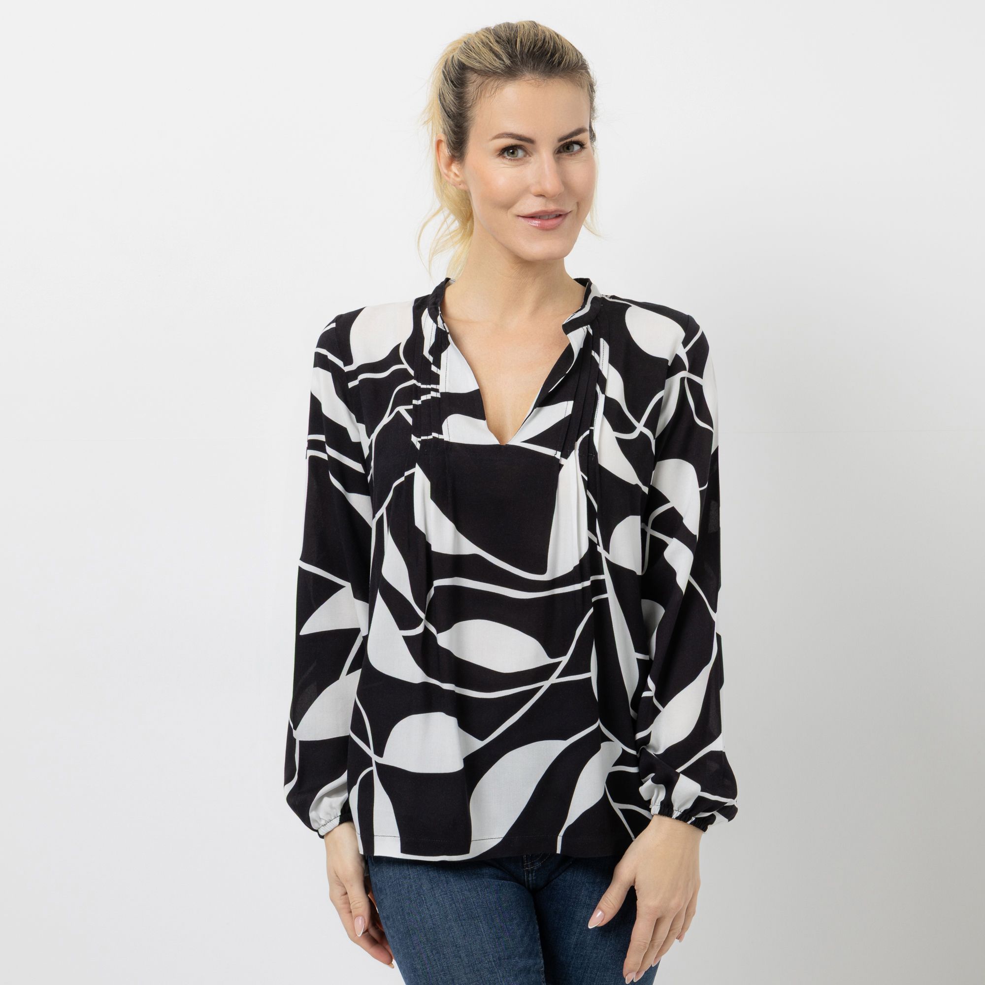 VIA MILANO Bluse, 1/1-Arm Serafino-Ausschnitt Allover-Print figurumspielend