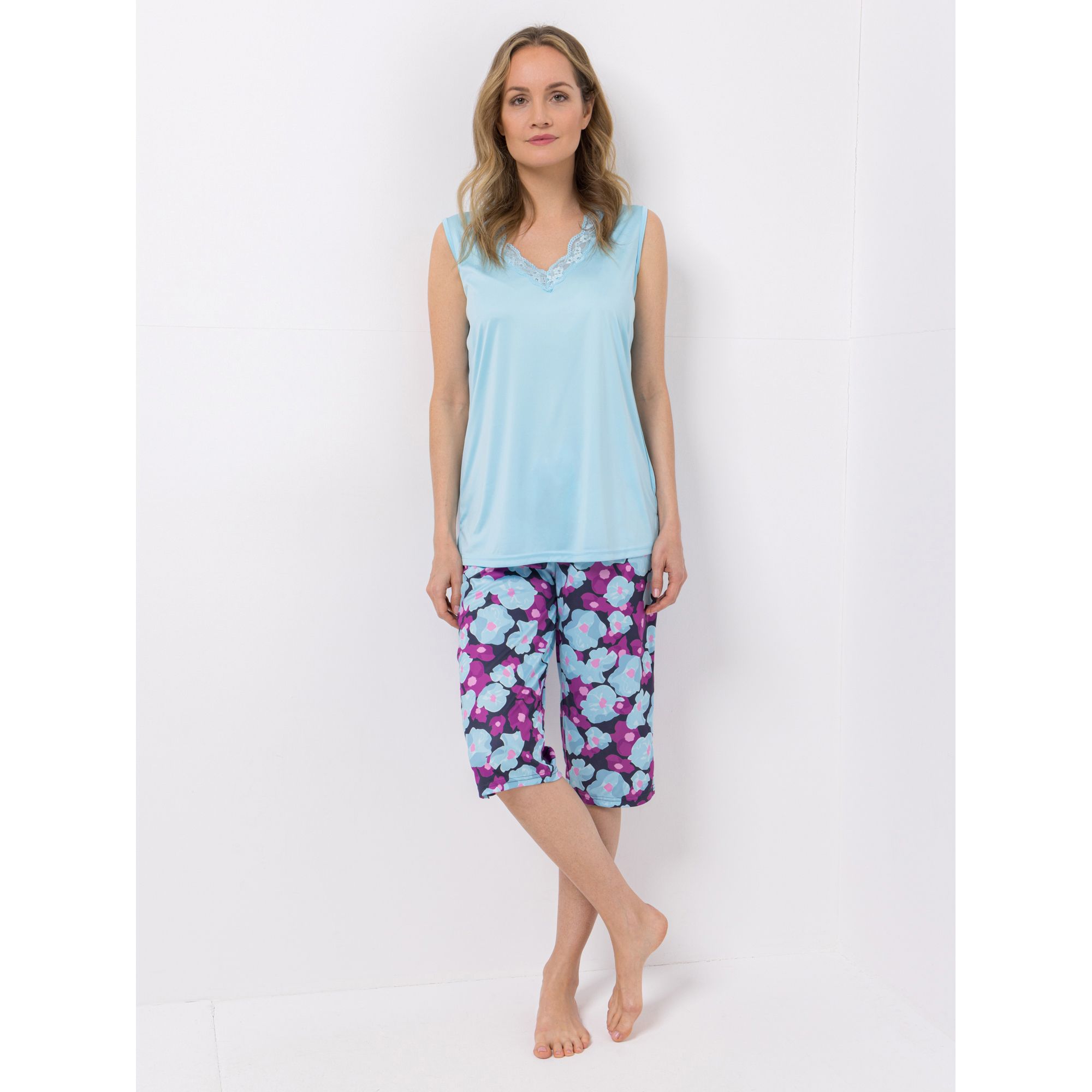 LITTLE ROSE Pyjama, ohne Arm Capri-Hose Mikrofaser mit Spitzenbesatz