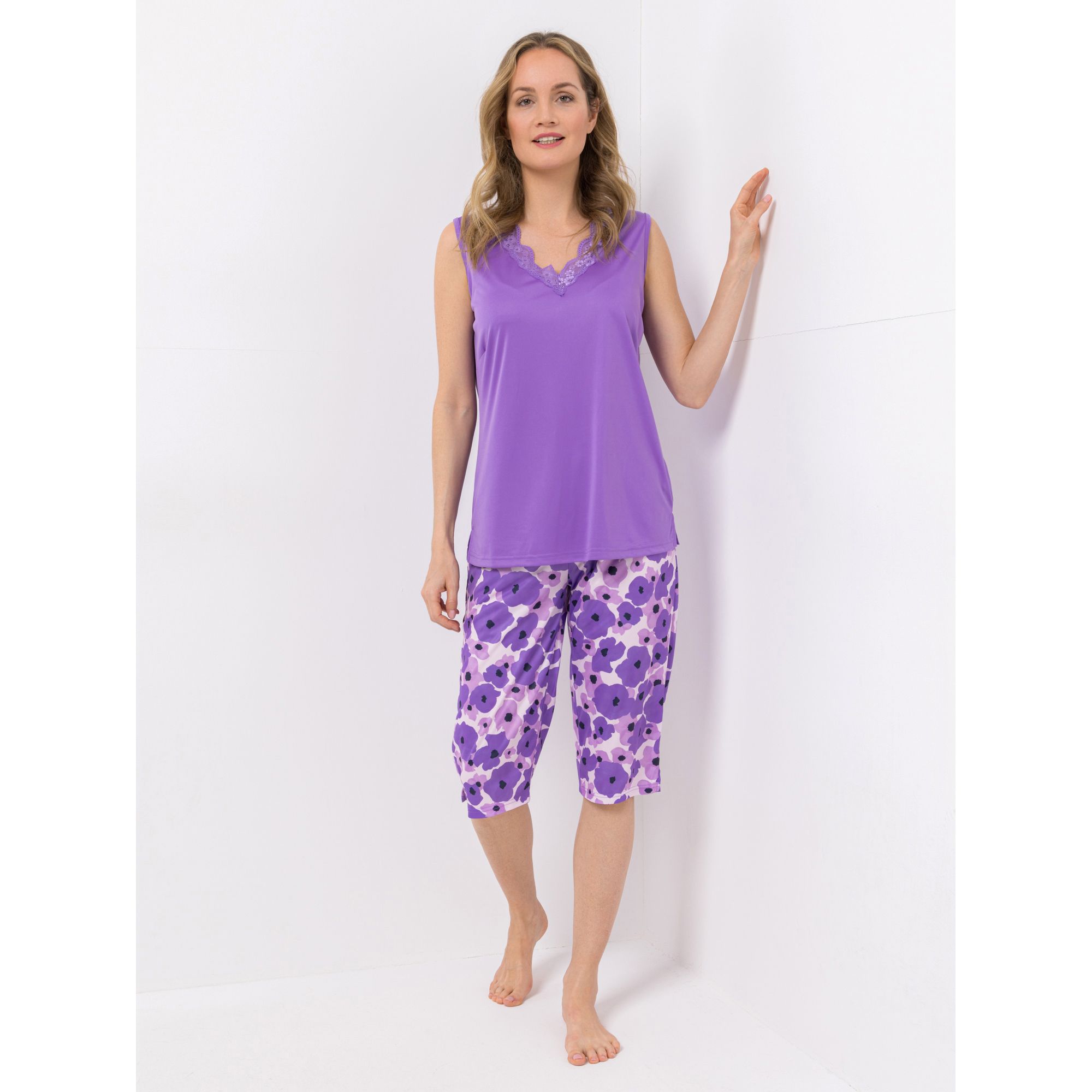LITTLE ROSE Pyjama, ohne Arm Capri-Hose Mikrofaser mit Spitzenbesatz