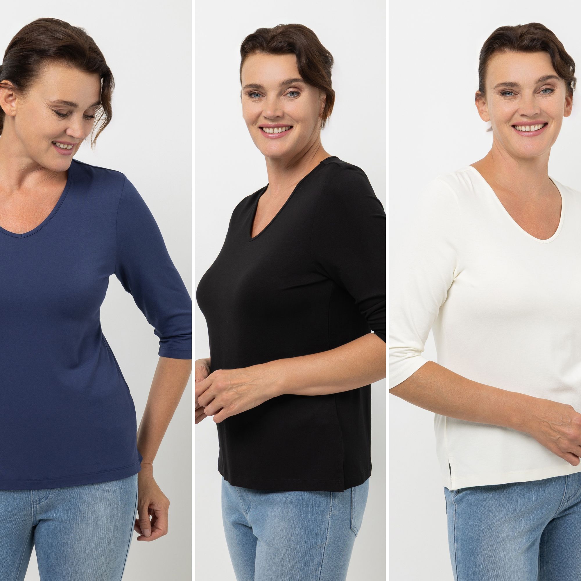 DENIM & CO. 3er Pack Shirts 3/4-Arm V-Ausschnitt Seitenschlitze