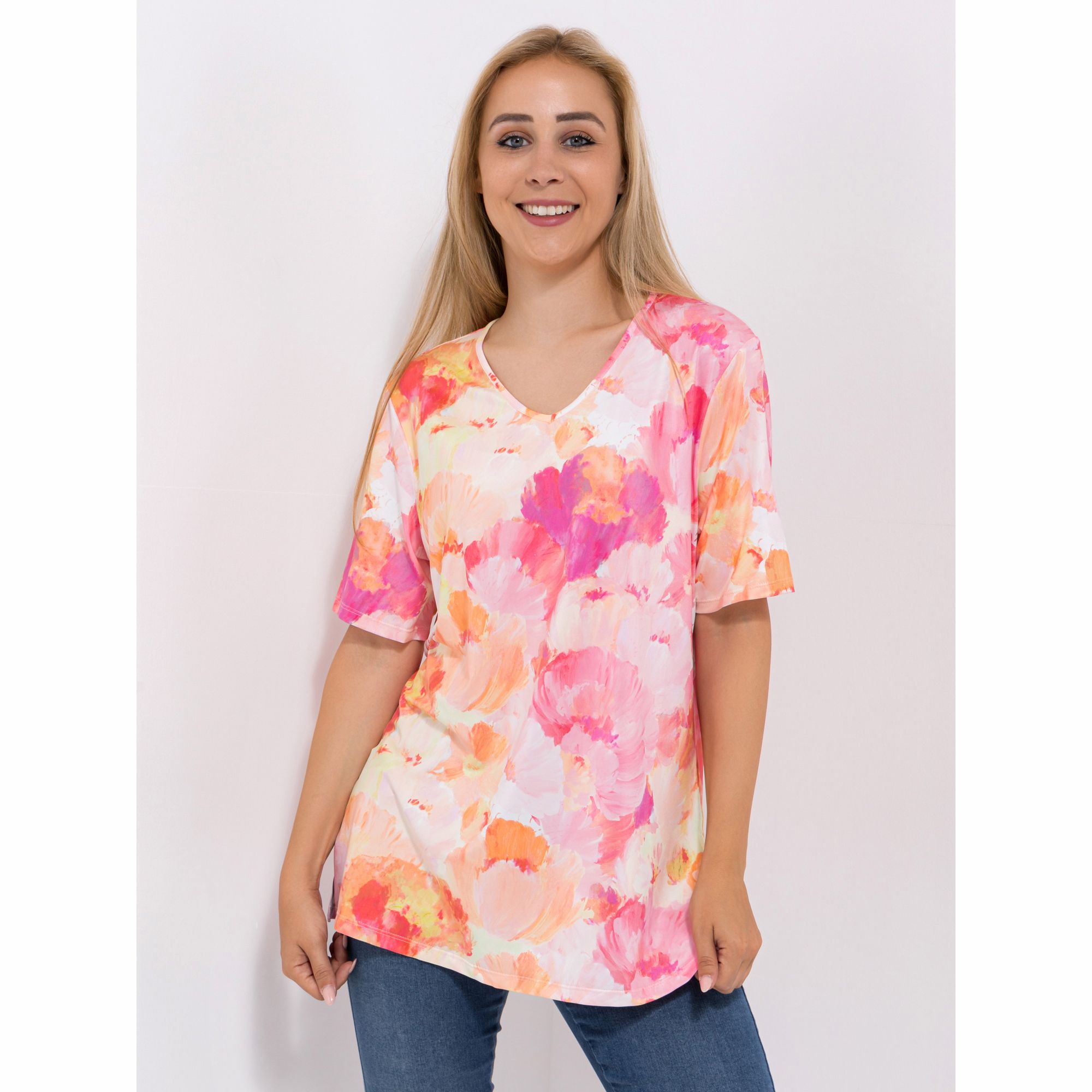 IN-PRINT Shirt, 1/2-Arm V-Ausschnitt Seitenschlitze leger-weit