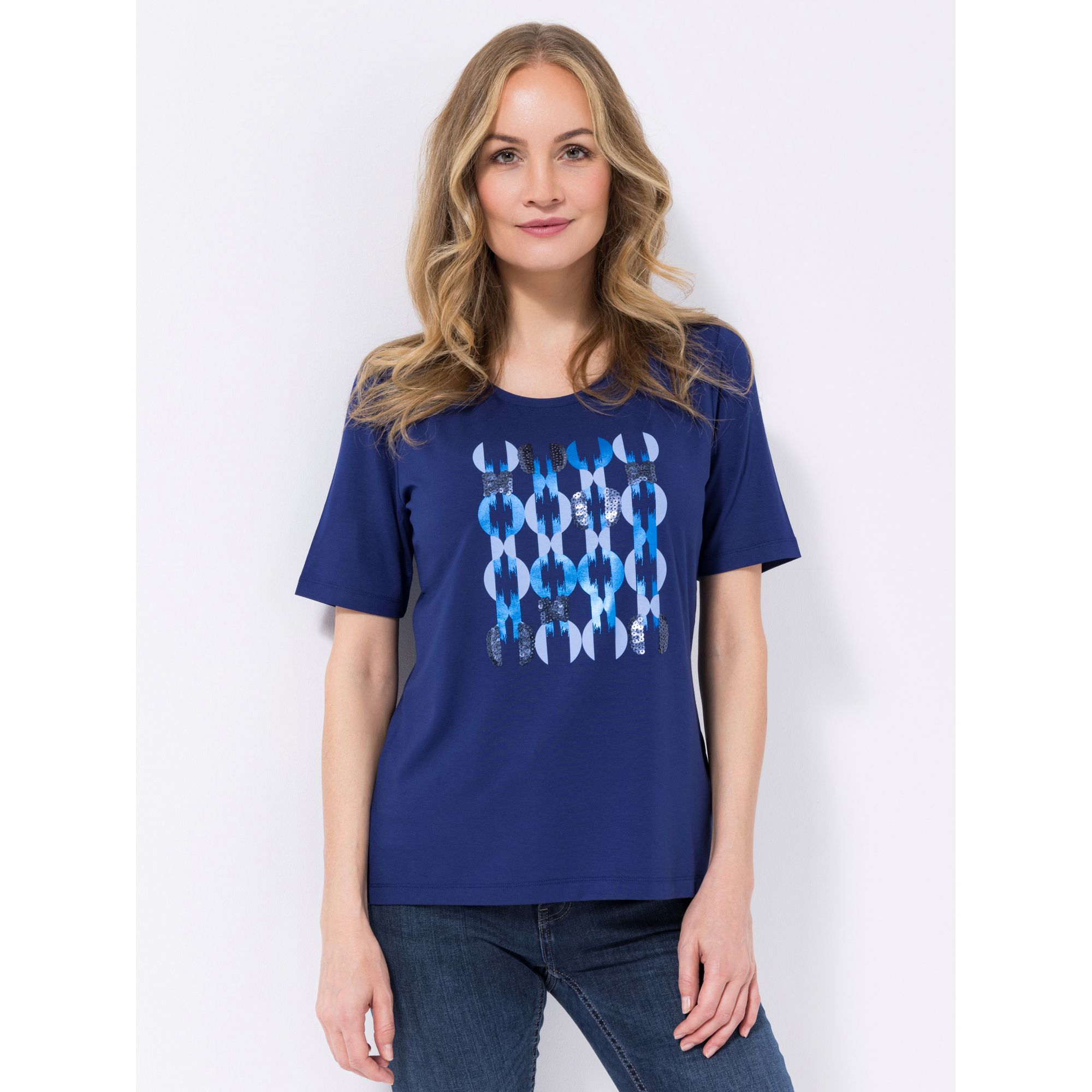 DENIM & CO. Shirt, 1/2-Arm Metallic-Druck Rundhalsausschnitt Figurumspielend