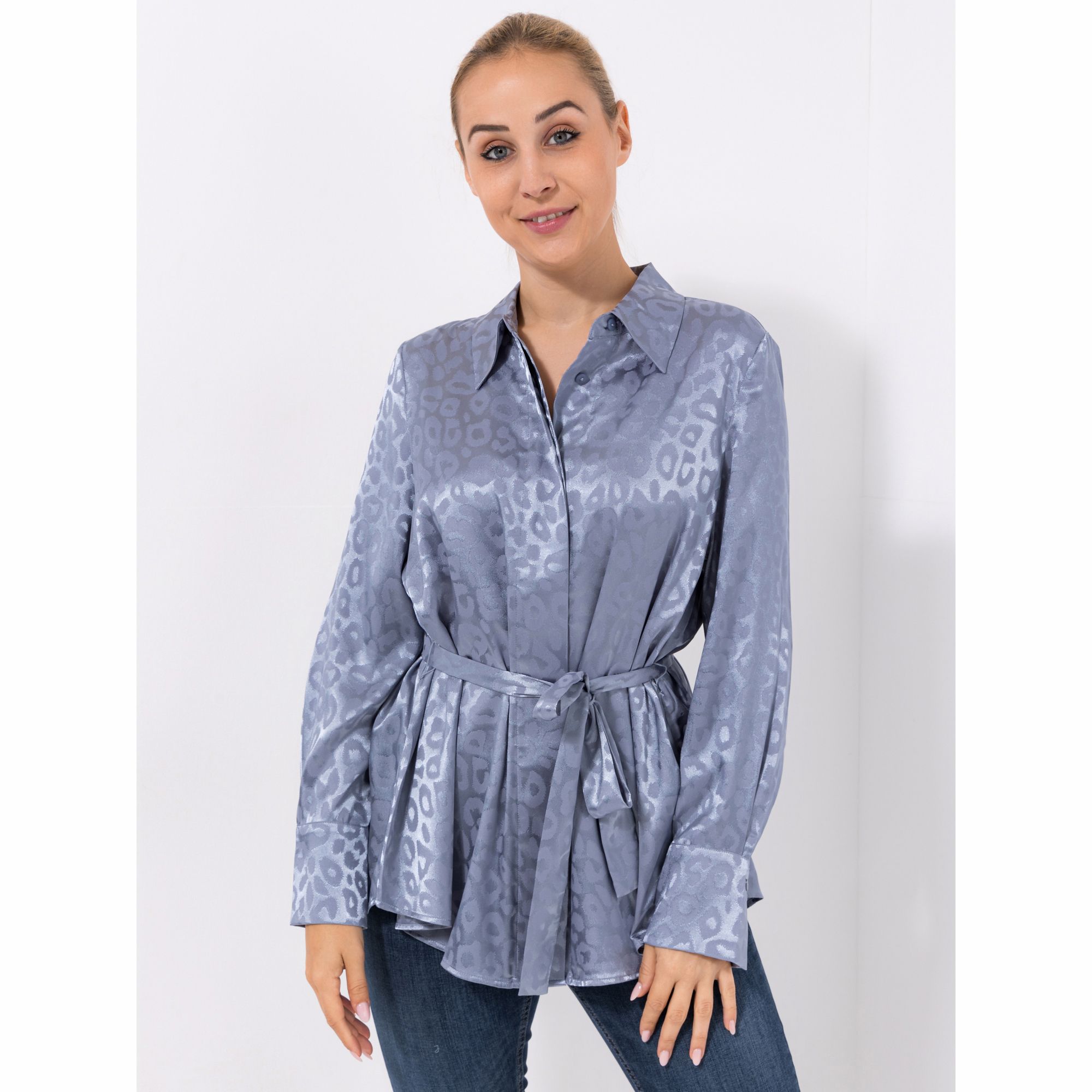 VIA MILANO Longbluse, 1/1-Arm Hemdkragen Bindeband leger weit