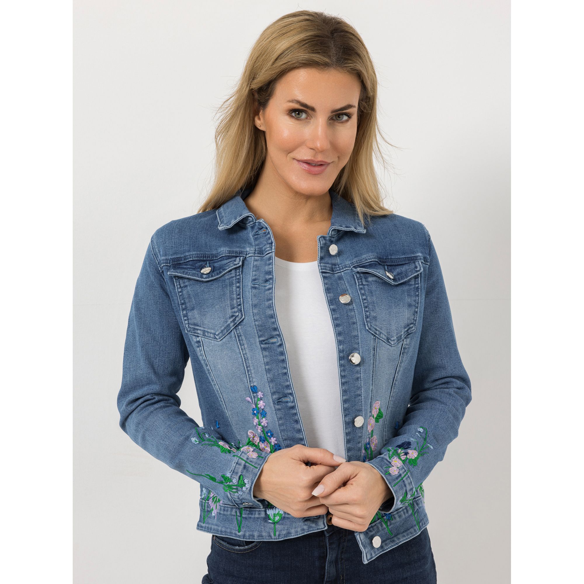 VIA MILANO Jeansjacke mehrfarbige Stickerei Knopfleiste 28% recycelte Fasern