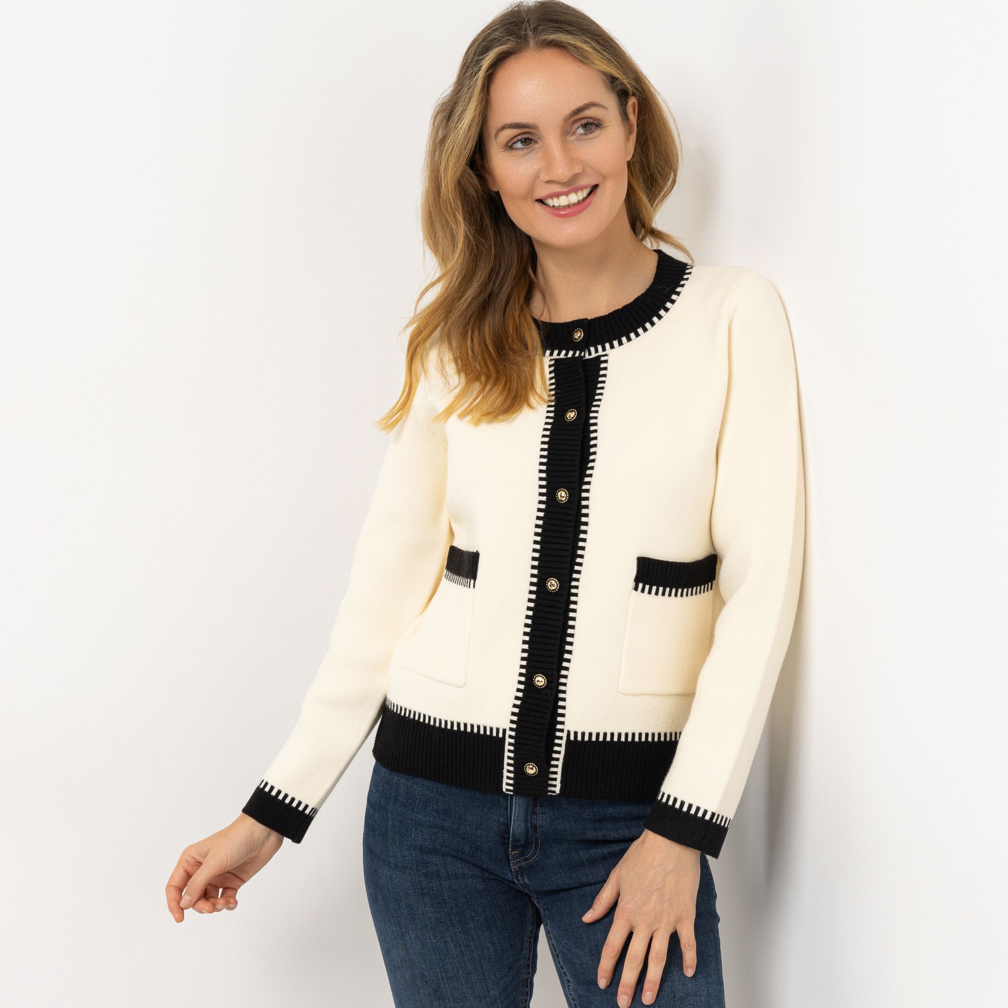 VIA MILANO Cardigan, 1/1-Arm Rundhalsausschnitt Knopfleiste Kontrast-Details